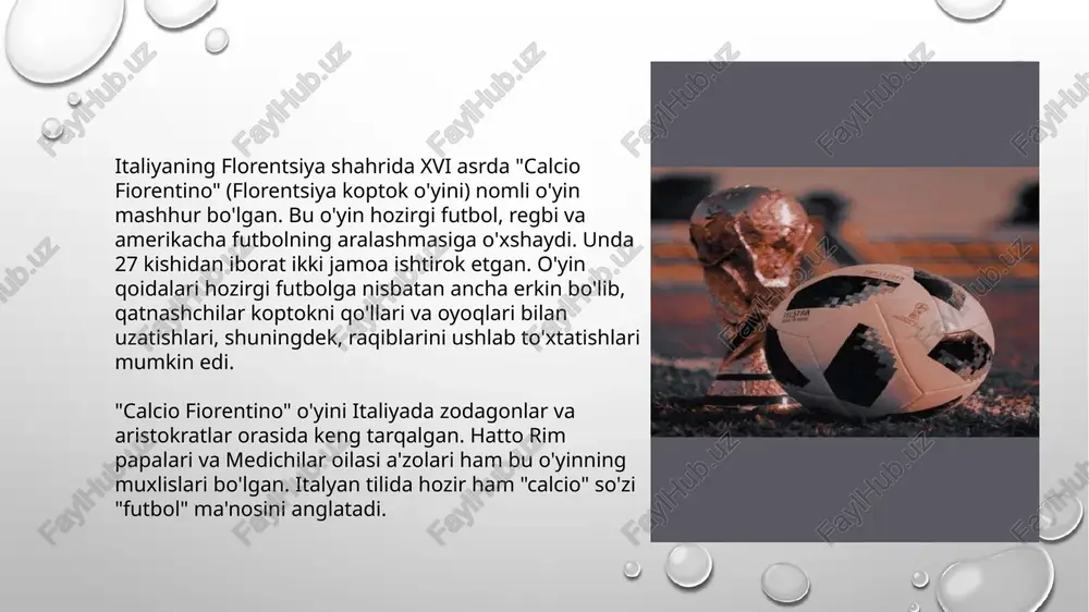 ". tarjimon: f. sodiqov. toshkent: "yangi asr avlodi". 6. o'zbekiston futbol federatsiyasi (2021). "o'zbekistonda futbolning rivojlanish yo'li". toshkent. image3.png image4.png image5.png image6.png image7.png image8.png image9.png image10.png image11.png image12.png image13.png image14.jpeg image1.png mice heshive ae