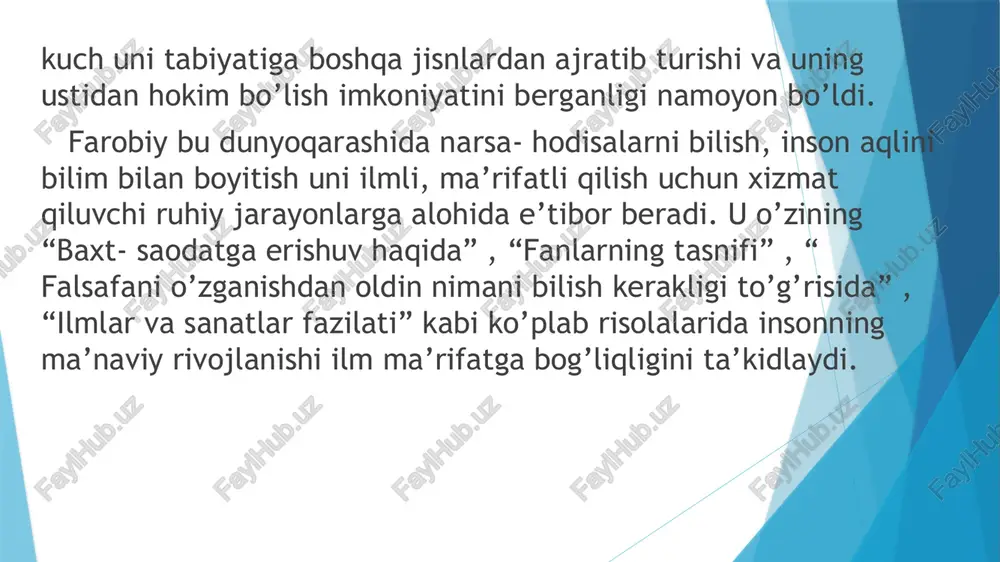 yli, dilorom, qays, shopur kabi ijobiy qahramonlar umuminsoniy tarbiya asosida tarbiyalanganlar, kamtarin, odobli, or-nomusli insonlardir. bu qahramonlar orqali yoshlarni ulardan ibrat olishga chorlaydi. alisher navoiyning barcha asarlari yoshlar tarbiyasi uchun muhim xazina hisoblanadi. u o’z asarlarida har bir so’zdan unumli va o’rinli foydalana olgan. har bir hikmati biz uchun ibratlidir. alisher navoiyning hayoti va merosi yoshlarda umuminsoniy fazilatlarni tarbiyalashda bizga har tomonlama namuna bo’ladi. ulug’ shoir o’zining ta’lim-tarbiyaga oid fikr-mulohazalari bilan barkamol avlod tarbiyasiga katta hissa qo’shdi, umuminsoniy fazilatlar to’g’risidagi fikrlari hozirgi davrimiz uchun ham muhimdir. e’tiboriz uchun rahmat image1.png image2.png image3.png image4.png image5.jpeg image6.png g farobiy rasmi- google mouce xt vo= x € © @ google.com/search?q=farobiy+rasmi&isxsrf=aoaemv) durbs4xj8z1zf_k9xvmr8cbyk2a:16393095264758tbm =isch&isource=iuaictx=1 8fir=ro4r-yjfdyhbem%25.. q @ ew i googl farobiy rasmi aua . ms — ( fo abu nase farobiy abu nase farobiy abu nase farobiy bu nasr farobiy wy ee srosblaruz ('r12 osiyo allomalari va ularnin, tloxoxme xapranat uu xaysur mino ulug’bek berunty …