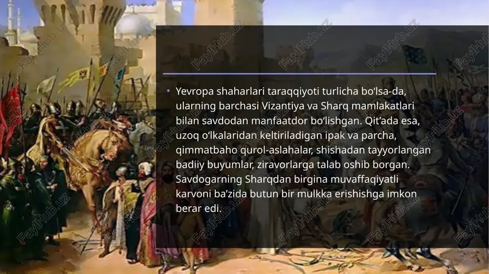 di, pul solig‘i tizimi kuchaydi, kemasozlik taraqqiy etdi. ijtimoiy jihatdan: dehqonlarning soliqlari kamaydi va ayrimlari ozodlikka erishdi. madaniy jihatdan: yevropa sharq madaniyati va texnologiyalari bilan tanishdi. salib yurishlari tarixiy tajriba sifatida yevropaning keyingi taraqqiyotida muhim o‘rin tutdi va yangi savdo yo‘llari, texnologik yutuqlarga turtki berdi. image1.jpg image2.jpeg image3.jpeg image4.jpeg image5.jpeg image6.jpeg image7.jpeg image8.jpeg per a5) /docprops/thumbnail.jpeg salib yurishlari va ularning ahamiyati.