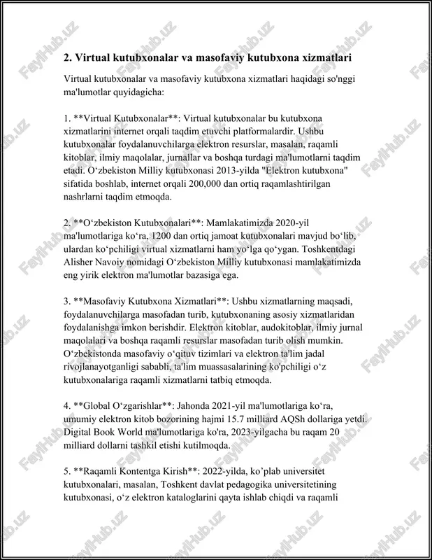 rib esa, bu raqam 15.7 trillion aqsh dollariga yetishi kutilmoqda. 2. **avtomatlashtirilgan axborot qidiruvi**: gartner tadqiqotlariga ko'ra, 2025-yilga kelib, korporativ ma'lumotlarning qariyb 80% avtomatlashtirilgan tizimlar yordamida saqlanadi va qayta ishlanadi. avtomatlashtirilgan axborot qidiruvi inson kuchi bilan amalga oshiriladigan ishlarni keskin kamaytiradi. 3. **katta hajmdagi ma'lumotlarni tahlil qilish**: forrester tadqiqotlariga ko'ra, tashkilotlarning 74% katta hajmdagi ma'lumotlarni tahlil qilishda sun'iy intellekt texnologiyalariga tayanadi. bu ma'lumotlarni qayta ishlash va tahlil qilish jarayonini sezilarli darajada samaraliroq qilmoqda. 4. **ma'lumotlar bazasini avtomatlashtirish**: idc tadqiqotlari shuni ko'rsatadiki, 2021-yilda sun'iy intellekt va avtomatlashtirish texnologiyalari yordamida global miqyosda ma'lumotlar bazalarini boshqarish 10% ga samaraliroq bo'lgan. bu esa bir yil ichida tashkilotlarga 431 milliard aqsh dollari miqdorida tejash imkonini bergan. 5. **o'quv algorithmalar**: 2019-yildan beri sun'iy intellektni o'qitish uchun qo'llaniladigan algoritmlar samaradorligi yilda qariyb 30% ga oshmoqda. bu algoritmlar ma'lumotlar orasidan aniq va tezkor xulosalar olishda muhim rol o'ynaydi. 6. **qidiruv natijalari davomatlari**: google research tadqiqotlarida aytilishicha, sun'iy intellekt …