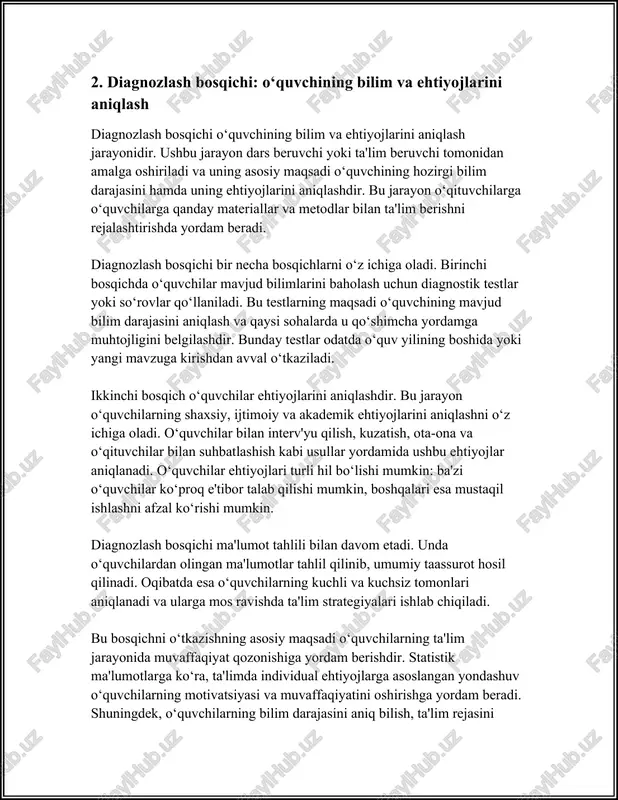 s bo‘lishi kerak. to‘rtinchidan, maqsadlar vaqti bilan chegaralangan bo‘lishi lozim, ya'ni qancha vaqt ichida ushbu maqsadlarga erishish kerakligini aniqlash zarur. ta'limda o‘quv maqsadlarini belgilash jarayoni ko‘p jihatdan turli ta'lim nazariyalariga asoslangan. masalan, b. blum taksonomiyasi o‘quv jarayonida maqsadlar darajasini aniqlashda keng qo‘llaniladi. u kirish, tushunish, qo‘llash, tahlil, sintez va baholash kabi bosqichlardan iborat. har bir bosqichda maqsadlar turlicha bo‘lishi mumkin. o‘quv maqsadlarini belgilash jarayonida muhim statistikalar va ma'lumotlar ham mavjud. ta'lim-tadqiqot agentliklari tomonidan olib borilgan tadqiqotlar shuni ko‘rsatadiki, aniq va to‘g‘ri belgilangan o‘quv maqsadlariga ega bo‘lgan sinflar va o‘quv dasturlari 20-30% samaraliroq natijalarga erishadi. bundan tashqari, maqsadlar belgilangan ta'lim dasturlari o‘quvchilarning motivatsiyasini oshirishda ham ijobiy ta'sir ko‘rsatadi. maqsadlar qo‘yishda smart (specific, measurable, achievable, relevant, time-bound) usulini qo‘llash samarali hisoblanadi. bu usul orqali o‘quv maqsadlari yanada aniqroq, o‘lchovli, amalga oshiriladigan, dolzarb va vaqt bilan cheklangan bo‘ladi. smart usulining qo‘llanilishi o‘quv jarayonida ishtirok etayotgan barcha tomonlar, ya'ni o‘qituvchilar, o‘quvchilar va ta'lim muassasalari …
