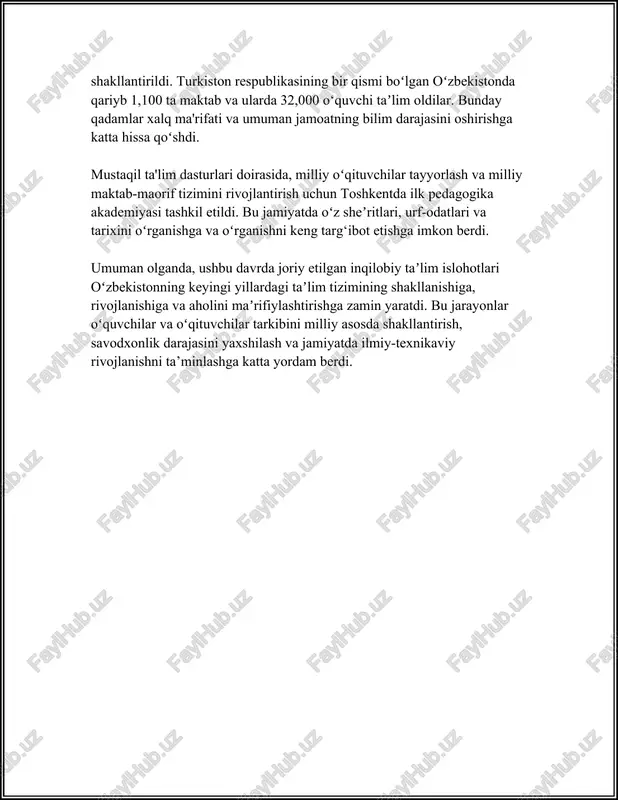 davlat byudjetining taxminan 35% i ta'lim tizimini rivojlantirishga, jumladan oʻzbek tilida ta'lim sifatini oshirishga sarflangan. - maktablarning moddiy-texnik bazasini yaxshilash va yangi oʻquv jihozlari bilan ta’minlash uchun 2 trillion soʻmdan ortiq mablagʻ ajratilgan. 6. **texnologik integratsiya:** - zamonaviy texnologiyalar orqali oʻzbek tilidagi elektron ta'lim resurslari rivojlantirilmoqda. masofaviy ta’lim uchun oʻzbek tilida 100 dan ortiq yangi onlayn kurslar ishlab chiqilgan. - ta'lim jarayonida raqamli platformalardan foydalanish koʻlami kengaytirilib, oʻquvchilarga oʻzbek tilida katta hajmli ma'lumotlar bazasiga kirish imkoniyatlari yaratilmoqda. yuqoridagi ma'lumotlar oʻzbekistonda oʻzbek tilida ta'lim berish va milliylashtirish jarayonidagi eng dolzarb faktlar va raqamlarni ifodalaydi. mamlakatda oʻzbek tilining ta'lim jarayonida tutgan oʻrni yildan-yilga kengayib bormoqda va bu davlatning hozirgi vaqtdagi etiboridagi markaziy omil hisoblanadi. /docprops/thumbnail.jpeg