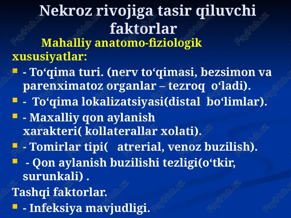 , dokali va porolonli tagliklar qo‘yish. 7. bemorlarni to‘g‘ri ovqatlantirish 8. bemorga o‘ziga o‘zi yordam berishni o‘rgatish. 9. barcha tibbiy muolojalarni yo‘riqnoma asosida bajarish. sims xolati qorin bilan yotish yonbosh xolatda yonbosh xolati va qisman qorin bilan yotish bemorning to‘shakda xarakatlanishi trofik yaralar – bu to‘qimadagi tuzalish tendensiyasi juda past bo‘lgan defekt bo‘lib, organizmning reaktivligi buzilishi fonida tashqi va ichki sabablar tasiri natijasida yuzaga keladi. trofik yaralarning etiopatogenetik tasnifi 1. posttravmatik : - termik va kimyoviy kuyishlardan keyin; - sovuq urishdan keyin; - kesilgan jaroxatlardan keyin; - nurlanishdan keyin; - yotoq yaralardan keyin; - osteomielitdan keyin. 2. qon aylanishi buzilish fonidagi trofik yaralar: - qon aylanish etishmovchiligi (nk iii); - arterial okklyuziyalar (sae iii-iv); - enoz qaytishning buzilishi (sve iii); - limfostaz 3. neyrotrofik yaralar: - mns zararlanishidan keyin (bosh va orqa miya); - periferik nervlarning shikastlanishidan keyin. 4. umumiy kasalliklar fonidagi trofik yaralar: - kollagenozlarda; - moddalar almashinuvi buzilishlarida; …