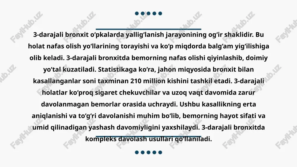 chekadi. normal qon bosimi 120/80 mmhg sanaladi, 140/90 mmhg va undan yuqori qiymatlar gipertoniya hisoblanadi. yuqori qon bosimi insult, yurak xuruji, va buyrak kasalliklari xavfini oshiradi. har yili taxminan 7,5 million o‘lim gipertoniya bilan bog‘liq. surunkali kasallik bo'lib, ko'pincha simptomsiz kechadi, shuning uchun muntazam nazorat muhimdir. o‘zbekistonda ham gipertoniya tarqalishi yuqori darajada, har yili minglab insonlar bu kasallikdan davolanishga muhtoj. to'g'ri ovqatlanish va muntazam sport bilan shug‘ullanish, qon bosimni boshqarishda yordam beradi. ... t.me/slaydai_bot 13. tromboz tromboz qonniq qaynashida yoki tomirlarda qonni ivishi holati bo'lib, u tromb hosil bo'lishiga olib keladi. tromb arteriya yoki vena ichida yopilish va qon oqimini to'sib qo'yadi. tromboz ko'pincha oyoq venalarida (trombozli flebit) yuzaga keladi, biroq u yurak, miya yoki o'pka kabi boshqa joylarda ham bo'lishi mumkin. trombozning sabablari: uzoq vaqt harakatsizlik, jarrohlik amaliyotlari, yaralanishlar, tug'ruq, va qonni ivituvchi kasalliklar. belgilari orasida shish, og'riq, qizillik va terining issiq bo'lishi kiradi. trombozni aniqlash uchun utt yoki …