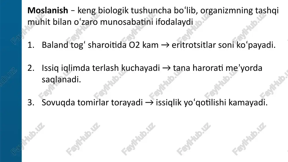 gangrena – ichki organlarda (o‘pka, ichak) infeksiya qo‘shilganda. gaz gangrenasi – yara joyida anaerob bakteriyalar sababli. 26 6.sekvestr ta’rif: organizmda o‘lik to‘qima tirik to‘qimadan ajralib qoladi. ko‘pincha: suyak nekrozida uchraydi (osteomiyelit). 27 🧩 organizatsiya ta’rif: yashay olmaydigan (o‘lgan) to‘qimalar yoki yot jismlarning biriktiruvchi to‘qima bilan almashishi jarayoni. bu himoya reaksiyasi bo‘lib, organizm o‘lik yoki begona moddalardan qutulishga harakat qiladi. asosan, qon quyilish, tromb, nekroz o‘choqlarida kuzatiladi. misollar: trombdan keyin biriktiruvchi to‘qima hosil bo‘lib, qon tomiri devoriga yopishib qoladi. o‘pkadagi nekroz o‘chog‘i chandiqqa aylanadi. yot jism (masalan, jarrohlikdan keyin ip bo‘lagi) biriktiruvchi to‘qima bilan o‘ralib qoladi. ahamiyati: organizm uchun zararli yoki ortiqcha to‘qimalarni “yopib qo‘yadi”. lekin funksiyani to‘liq tiklamaydi → chandiq paydo bo‘lishi mumkin. 28 ⚖ distrofiya ta’rif: hujayra va to‘qimalarda modda almashinuvi buzilishi natijasida ularning tuzilishi va funksiyasi o‘zgarishi. bu jarayon qaytuvchan ham, qaytmas ham bo‘lishi mumkin. turlari: parenximatoz distrofiyalar – ichki organlar (jigar, yurak, buyrak) hujayralarida moddalar almashinuvi buzilishi. …