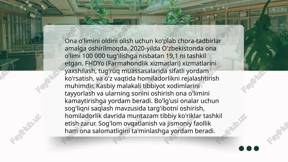 stonda soʻnggi yillarda onalar o'limi ko'rsatkichlarini pasaytirish bo'yicha sa'y-harakatlar olib borilmoqda. oilaviy rejalashtirish xizmatlari, ayniqsa, kontraseptiv vositalar bilan ta'minlash va ta'lim berish orqali, onalar sog'lig'ini yaxshilashda katta rol o'ynaydi. jahon sog'liqni saqlash tashkiloti ma'lumotlariga ko'ra, to'g'ri oilaviy rejalashtirish usullari ishlatilsa, onalar o'limi ko'rsatkichini sezilarli darajada kamaytirish mumkin. 2019-yilda dunyo bo'yicha 2 milliard ayolga zamonaviy kontrasepsiyaga ehtiyoj bor edi, shundan 217 millioni esa ehtiyojlarini to'liq qondira olmagan. ... t.me/slaydai_bot 13. qishloq joylarda onalar sog'lig'i qishloq joylarda onalar sog'lig'i holati ko'pincha cheklangan tibbiy xizmatlar va infratuzilma bilan bog'liq muammolar tufayli qiyinlashadi. jahon sog‘liqni saqlash tashkilotiga ko‘ra, rivojlanayotgan mamlakatlarda qishloqlarda yashovchi ayollarning faqat 56%i malakali tibbiy yordam olish imkoniga ega. ushbu hududlarda prenatal parvarishlardan faqat 41% ayol foydalanadi. tug‘ruq paytida onalar mortaliteti shaharga qaraganda 3-4 baravar yuqori bo‘lishi mumkin. tibbiy xizmatlarning yetishmasligi va ijtimoiy-iqtisodiy omillar tufayli onalar va bolalar orasida anemiya va infektsiyalar keng tarqalgan. sog'liqni saqlash ta’limi va resurslarini oshirish qishloq onalari …