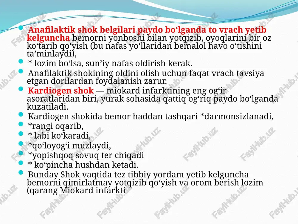 immobilizatsiya to'liq tiklanish va falaj o'rtasidagi farqni keltirib chiqarishi mumkin. qon ketishida qon ketayotgan tomirga barmoq uchini oddiy surtish hayot uchun xavfli bo'lgan qon yo'qotilishini to'xtatishi mumkin. hatto dunyodagi eng ilg'or tibbiy yordam ko'pincha yomon birinchi yordam oqibatlarini bartaraf eta olmaydi. anaflaktik shok (qadimgi yunoncha ) ἀνά- qarshi va φύλαξις himoya soʻzlaridan) bu — darhol turdagi allergik reaksiya[1] allergenni qayta-qayta kiritish bilan rivojlanadigan tananing keskin yuqori sezuvchanligi holati. anafilaktik shok anafilaksiyaning oʻta ogʻir shaklidir. anafilaktik shokni anafilaktoid reaktsiyalarning koʻrinishlaridan biri boʻlgan anafilaktoid shok bilan aralashtirib yubormaslik kerak. taxminan 10-20 % hollarda tugaydigan dori allergiyasining eng xavfli asoratlaridan biri oʻlimga olib keladi[2] anafilaktik shok holatlarining tarqalishi: yiliga 100 000 kishiga 5 ta holat. anafilaksi holatlarining oʻsishi 1980-yillarda 20: 100 000 dan 1990-yillarda 50: 100 000 gacha koʻtarildi [3] bu oʻsish oziq-ovqat allergiyalari bilan kasallanishning ortishi bilan bogʻliq [4] anafilaksi ayollar va yosh erkaklarda koʻproq uchraydi anafilaktik shokning paydo boʻlish tezligi allergen …