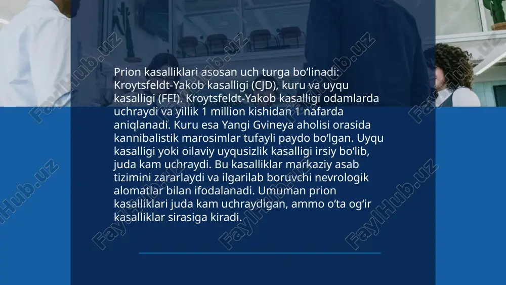 ishi mumkin. 1996 yildan beri buyuk britaniyada 177 kishi vcjddan vafot etgan. prion kasalliklari uchun hozircha samarali davolash usuli yo‘q. ... t.me/slaydai_bot prion kasalliklari, jumladan, kroytsfeld-yakob kasalligi (cjd), asab tizimini shikastlovchi kam uchraydigan va o'limga olib keluvchi kasalliklardir. odamlar uchun xavfli prion kasalligi belgilari orasida kognitiv buzilishlar, muvozanat va koordinatsiya muammolari, mushaklar spazmi kiradi. bemorlar bilan yashash va parvarishlashda gigiena protokollariga rioya qilish, maxsus jihozlardan foydalanish va bemorning konfortini ta'minlash muhimdir. kasallik to'liq davolanishi imkonsiz bo'lsa-da, simptomlarni yengillashtirish va hayot sifatini yaxshilash uchun palliativ parvarish katta ahamiyatga ega. alohida bilim va mahorat talab etilishi sababli sog'liqni saqlash mutaxassislari va oila a'zolari uchun o'qitish tavsiya etiladi. ... t.me/slaydai_bot 13. prionlar bilan bog'liq xavfli axborot prion kasalliklari inson va hayvonlarda xavfli bo'lib, asosan asab to'qimalariga ta'sir qiladi. prionlar oqsil shaklidagi yuqumli agentlardir va ular miya va nerv tizimida o'zgarishlarni keltirib chiqarishi mumkin. insonga mad ko’pda semirib ketgan buqalar va boshqa hayvonlar go’shtini …