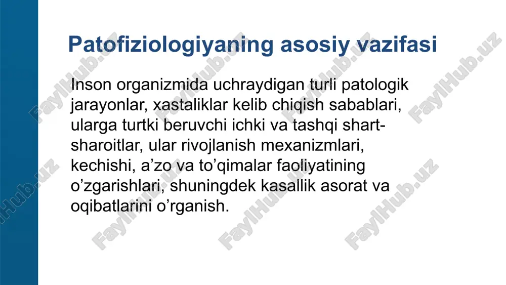 sator jarayonlarni kuchaytirish. simptomatik terapiya – patogenezga yo’naltirilmay, balki bemorni bezovta qilayotgan simptomlarni (masalan, bosh og’rig’i ko’p kasalliklarda bo’ladi) yo’qotishga yo’naltirilgan bo’lib, bu patogenezga ta’sir qilmaydi. 4. kasallikni oldini olish 🧼 aseptika turlari 👉 maqsadi — mikroblar organizmga tushmasligi uchun profilaktika choralarini ko‘rish. fizik aseptika asboblarni issiqlik bilan sterilizatsiya qilish (avtoklav, quruq issiqlik) havoni uv nurlari bilan dezinfeksiya qilish filtratsiya usuli kimyoviy aseptika dezinfeksiyalovchi eritmalar (xlor, formalin, fenol) qo‘l va terini spirt, yod bilan ishlov berish mexanik aseptika jarrohlik asboblarini yuvish, steril paketlarda saqlash jarrohlik xonasini maxsus tozalash 🧴 antiseptika turlari 👉 maqsadi — organizmga tushib qolgan mikroblarni yo‘q qilish. mexanik antiseptika yaradan iflos to‘qimalarni olib tashlash yarani yuvish (fiziologik eritma, peroksid) kimyoviy antiseptika dezinfeksiya qiluvchi eritmalar (yod, spirt, xlorheksidin, rivanol) fizik antiseptika yuqori yoki past harorat ta’siri (issiq kompress, uv nuri) yaraga drenaj qo‘yish biologik antiseptika antibiotiklar, sulfanilamidlar vaksina va zardoblar 5. tanatologiya tanatologiya — bu fan sohasi bo‘lib, …