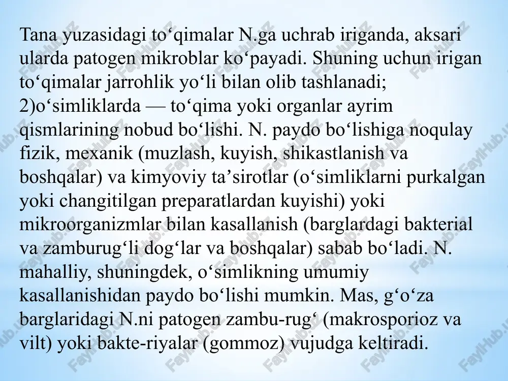 to'qimalar juda ham shishib ketadi, zararlangan oyoqda qattiq og'riq turadi. davolash umumiy davolash prinsipi intoksikatsiyaga va infeksiyaga, moddalar almashinuvining buzilishini bartaraf etishga qaratiladi. katta miqdorda kritalloidlar (natriy xloridning izotonik eritmasi, glyukozaning 5-10 foizli eritmasi) yuboriladi, qon, plazma, qon o'rnini bosuvchi suyuqliklar (gemodoz, jelatinol, kam molekulyar poliglyukin) qo'yiladi, shuningdek antibiotiklar, nitrofuran preparatlari, yurak dorilari va siydik haydovchi moddalar qo'llaniladi. bemorning hayotini saqlab qolish uchun jarayon tugashini kutib o'tirmay, gangrena bo'lgan oyoqni ertaroq amputatsiya qilish zarur. nekrektomiya va nekrotomiya kor qilmasdan, balki bemorning ahvolini og'irlashtiradi, zaharlanish manbaini butunlay bartaraf etmaydi. qorin bo'shlig'i organlari gangrenasida oshig'ich operatsiya qilib, qorin bo'shlig'ini ochish (laparotomiya), zaharlangan a'zoni kesib tashlash (lekin operatsiyani hamma vaqt ham qilib bo'lmaydi) va qorin bo'shlig'ini tozalash tavsiya etiladi va umumiy infeksiyaga, intoksikatsiyaga qarshi kurashiladi e’tiboringiz uchun raxmat image1.jpeg image2.png image3.jpeg image4.jpeg image5.jpeg image6.jpeg image7.jpeg f008/7112 gangrena tuzalmaydigan yaralar