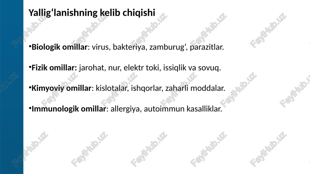 hiqish sabablari genetik omillar (dnk mutatsiyalari). kimyoviy karsinogenlar (tamaki, spirtli ichimliklar, toksinlar). fizik omillar (radiatsiya, ultrabinafsha nurlar). biologik omillar (viruslar – papillomavirus, gepatit b). immun tizimning zaiflashishi. 25 o‘smalarning turlari yaxshi xulqli o‘smalar (benign) sekin o‘sadi, metastaz bermaydi. atrofdagi to‘qimalarni siqadi, lekin chuqur kirib bormaydi. masalan: lipoma, fibroma, adenoma. yomon xulqli o‘smalar (malign, saraton) tez o‘sadi, atrof to‘qimalarga chuqur kirib boradi. qon va limfa orqali metastaz beradi. organ funksiyalarini buzadi, kaxeksiya chaqiradi. masalan: karsinoma, sarkoma, melanoblastoma. 26 klinik misollar adenoma – bez to‘qimasida paydo bo‘ladigan yaxshi xulqli o‘sma. lipoma – yog‘ to‘qimasida hosil bo‘ladigan yaxshi o‘sma. karsinoma (saraton) – epiteliya to‘qimasidan rivojlangan yomon o‘sma. sarkoma – biriktiruvchi to‘qimalardan rivojlangan yomon o‘sma. melanoma – teri pigment hujayralaridan rivojlanadigan xavfli o‘sma. 27 adenoma 28 lipoma 29 karsinoma 30 sarkoma 31 melanoma 32 oldini olish choralari sog‘lom turmush tarzi (tamaki va alkogoldan voz kechish). to‘g‘ri ovqatlanish (sabzavot va mevalarga boy). radiatsiya va zararli …