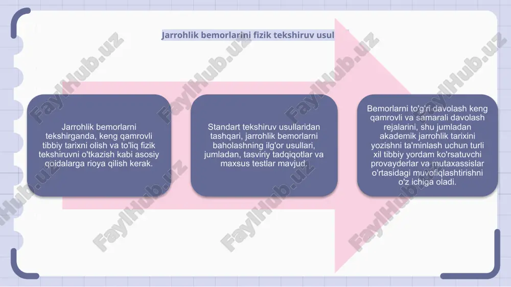 tufayli qiyinchiliklarga olib kelishi mumkin. bu tafsilotlarga e'tibor berishni, batafsil hujjatlarni va eng yaxshi yordamni taqdim etish uchun sog'liqni saqlash mutaxassislari bilan hamkorlikni talab qiladi. jarrohlik muolajalari uchun bemorni tanlash mezonlari jarrohlik bemorlarini tekshirishning asosiy qoidalari sog'liqning asosiy holatini aniqlash uchun to'liq jismoniy baholash va diagnostika testlarini o'z ichiga oladi. tekshiruvning qo'shimcha usullari bemorning ahvolini qo'shimcha baholash uchun vizual tadqiqotlar va laboratoriya testlarini o'z ichiga olishi mumkin. eng to'g'ri davolash rejasini aniqlashda bemorlarning kuratsiyasi hal qiluvchi rol o'ynaydi. bu jarayon bemorning kasallik tarixini o'rganish, fizik tekshiruvlar o'tkazish va jarrohlik aralashuvlarga tayyorligini baholashni o'z ichiga oladi. akademik jarrohlik tarixini yozish bemorning o'tmishdagi kasallik tarixi, hozirgi alomatlari va oldingi jarrohlik muolajalari haqida batafsil hujjatlarni talab qiladi. ijobiy natijalarni ta'minlash va xavflarni minimallashtirish uchun jarrohlik muolajalari uchun bemorni tanlash mezonlari diqqat bilan ko'rib chiqilishi kerak. jarrohlik aralashuvlar uchun bemorlarni davolashda eng yaxshi amaliyotlar jarrohlik bemorlarini tekshirganda, to'liq fizik tekshiruv va tegishli kasallik tarixini …