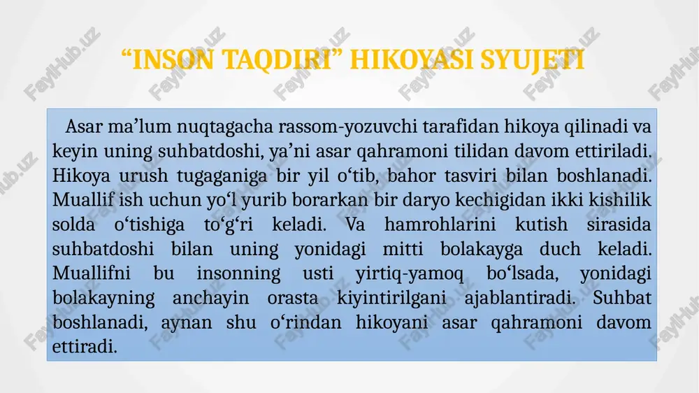 ilarkan, frontga ketishi oldidan irinaning u bilan xayrlashayotganda aytgan gapi uchun koʻksidan itarganini eslagani va asar kulminatsion nuqtasiga chiqib irina, nastya va olyushka bomba tushishi oqibatida nom-nishonsiz halok boʻlishini oʻqigan paytda kitobxonning qalbidan nimadir uzilib tushganday boʻladi. bir inson uchun bundan ortiq dahshat boʻlishi mumkin emasday goʻyo. goʻyoki inson ruhiyati bu fojialarni yenga olmaydiganday tuyuladi. ammo hayot davom etadi, irodasiz insonlargina hayot tamom deb nuqta qoʻyishi mumkin. shuncha ogʻir kunlarni boshidan kechirishiga qaramasdan oʻgʻlini tirik qolganini eshitgan ota qalbidagi soʻnggi iliqlik bilan hayot kurashida yana davom etadi. ammo sinovli dunyoning zarbalari hali tugamagan edi. oʻgʻli bilan koʻrishishiga oz qolganda uning, hayotidagi soʻnggi ilinji – dilbandining jangda vafot etganini oʻqigan oʻquvchi endi oʻzini yigʻlashdan toʻxtata olmaydi. azoblanadi, ruhiyati dosh bermaydiganday tuyuladi davom etishga. ammo andrey umuman yigʻlamaydi ham. chunki uning koʻz yoshlari qalbiga botib ketgan edi. u kurashishdan toʻxtamaydi, insoniyatga inʼom qilingan hayot atalmish neʼmatdan iliqlik qidiradi va vanyushani uchratib qoladi. …