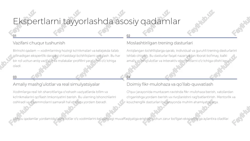 ring. qo‘llab-quvvatlovchi muhit yaratish xodimlarga xato qilishdan qo‘rqmasdan o‘rganish va tajriba o‘tkazish imkoniyatini bering. ularning o‘z-o‘zini rivojlantirishga bo‘lgan intilishlarini qo‘llab-quvvatlang. ekspertlarni rivojlantirishning tashkilot uchun foydalari ekspertlarga investitsiya kiritish nafaqat xodimlarning shaxsiy rivojlanishiga, balki butun tashkilotning strategik maqsadlariga erishishiga ham xizmat qiladi. innovatsiyalar o‘sishi ekspertlar yangi g‘oyalar va innovatsion yechimlarni olib keladi, bu esa tashkilotning rivojlanishiga turtki beradi. samaradorlik oshishi yuqori malakali mutaxassislar ish jarayonlarini optimallashtiradi va xatolarni kamaytiradi, bu esa umumiy samaradorlikni oshiradi. xodimlarning sodiqligi rivojlanish imkoniyatlari xodimlarning ishga sodiqligini oshiradi va ularning tashkilotda uzoq muddat ishlashiga undaydi. bozor raqobatbardoshligi ekspert kadrlar tashkilotga bozorning o‘zgaruvchan talablariga tez moslashishga va raqobatchilardan bir qadam oldinda bo‘lishga yordam beradi. muammolarni samarali hal qilish ekspertlar murakkab muammolarga tez va samarali yechimlar topish qobiliyatiga ega bo‘lib, bu tashkilotga kutilmagan vaziyatlarda yordam beradi. ekspert kadrlar — bu har qanday tashkilotning qimmatli aktividir. ularni rivojlantirishga qaratilgan har bir sa’y-harakat kelajakda katta dividendlar keltirishi shubhasizdir. xulosa: ekspertlarni tayyorlash …