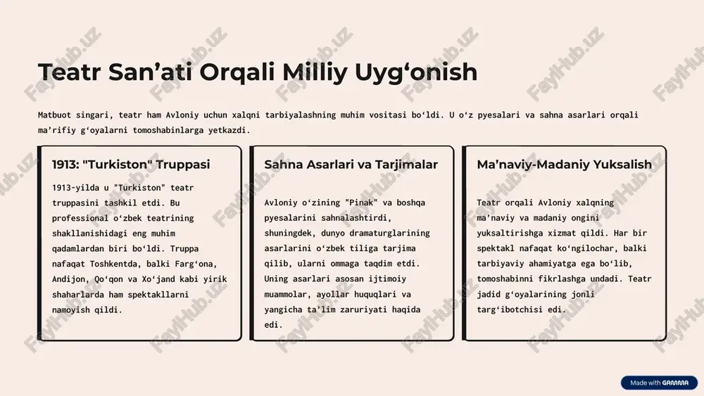va teatr sohasidagi faoliyati turkiston xalqining milliy uyg‘onishida hal qiluvchi ahamiyatga ega bo‘ldi. u o‘zining har bir asari va harakatida xalqni ilm, ma’rifat va taraqqiyot yo‘liga chorladi. 1 matbuot — minbar u gazetalarni jamiyatni ogoh etuvchi qudratli minbarga aylantirdi. 2 teatr — tarbiya teatr san’ati orqali xalqning ma’naviy ongini yuksaltirishga erishdi. 3 ta’lim — kelajak yangi uslubdagi maktablar ochib, kelajak avlod uchun zamin yaratdi. uning merosi bugungi kunda ham o‘zbek madaniyati va ta’limida jonli davom etmoqda. biz avloniydan o‘rganib, milliy madaniyatimizni yanada rivojlantirishga intilishimiz kerak. uning g‘oyalari doimo yashaydi va bizni buyuk maqsadlarga yetaklaydi. 10 image-1002-1.png image-1-1.png image-1003-1.png image-2-1.png image-2-2.png image-2-3.png image-1004-1.png image-1005-1.png image-4-1.png image-4-2.png image-1006-1.png image-1007-1.png image-6-1.png image-6-2.png image-6-3.png image-6-4.png image-1008-1.png image-7-1.png image-7-2.png image-7-3.png image-7-4.png image-7-5.png image-1009-1.png image-8-1.png image-8-2.png image-1010-1.png image-9-1.png image-9-2.png image-9-3.png image-9-4.png image-9-5.png image-9-6.png image-9-7.png image-9-8.png image-1011-1.png image-10-1.png