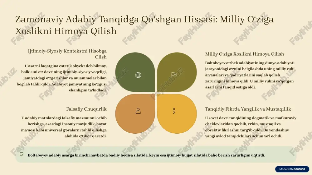 bo‘lib xizmat qiladi. 1 adabiyotshunoslikda yangi yondashuvlar uchun asos boltaboyevning matnning ichki tuzilishi va ijtimoiy kontekstni birlashtirgan g‘oyalari post-strukturalizm va madaniy tanqid kabi zamonaviy yo‘nalishlar uchun poydevor bo‘ldi. 2 madaniyat va jamiyat o‘rtasidagi bog‘liqlikni anglash uning tanqidiy metodikasi adabiyot orqali jamiyatdagi chuqur ildiz otgan muammolarni, ma’naviy inqirozlarni tahlil qilish imkonini beradi. bu esa yozuvchi va jamiyat o‘rtasidagi muloqotni mustahkamlaydi. 3 o‘zbek adabiyotining global maydondagi o‘rni boltaboyev milliy adabiyotni jahon adabiyoti bilan bog‘lab, uni universal qadriyatlar nuqtai nazaridan baholashni targ‘ib qildi. bu o‘zbek adabiyoti asarlarining xalqaro miqyosda tushunilishi va tarjima qilinishi uchun muhimdir. 9 xulosa: hamidullo boltaboyevning merosi – abadiy tafakkur maktabi adabiyotga ma'naviyat qo'riqchisi sifatida qarash adabiy tanqidda chuqur va mustaqil fikr boltaboyev merosi adabiy matnning falsafiy, estetik va ijtimoiy mazmunini sintez qilgan noyob tahlil maktabidir. uning ishi tanqidchi uchun asosiy talab — matnni hurmat qilish va ilmiy obyektivlikni saqlash ekanligini isbotlaydi. o‘zbek madaniyati va adabiyotining rivojlanishiga xizmat uning asarlari …