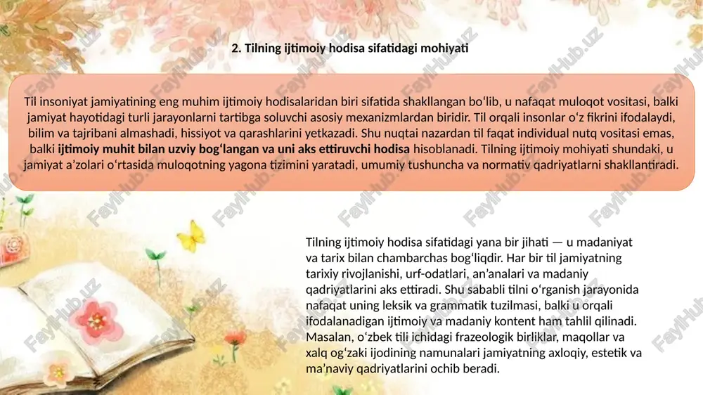 belgilovchi jihatlari va kommunikativ vazifasi til ramzlar tizimi inson tafakkuri va muloqotining murakkab mexanizmi sifatida o‘ziga xos belgilovchi jihatlarga ega bo‘lib, shu orqali nutqning samarali va tushunarli bo‘lishini ta’minlaydi. ramzlar — bu tilning asosiy leksik va grammatik birliklari bo‘lib, ular orqali inson o‘z fikrini, hissiyotini, ijtimoiy pozitsiyasini ifodalaydi. til ramzlarining belgilovchi jihatlari ularni boshqa lingvistik birliklardan ajratib turadi va nutqda ularning funksiyalarini aniqlashga yordam beradi. avvalo, til ramzlarining asosiy belgilovchi xususiyati — ma’noga ega bo‘lishidir. har bir so‘z, ibora yoki frazeologik birlik ramz sifatida ma’no yuklaydi va nutqda ma’lum bir tushunchani ifodalaydi. masalan, “ko‘ngli yorishmoq” iborasi tarkibidagi so‘zlarning alohida ma’nosi mavjud bo‘lishiga qaramay, ular birgalikda xursand bo‘lish, quvonch his qilish ma’nosini bildiradi. shu jihat til ramzlarini semantik jihatdan mustahkam qiladi va ularni nutqda barqaror ishlatishga imkon beradi. ikkinchi belgi — barqarorlik va tizimlilik. til ramzlari o‘zaro bog‘langan tizimni hosil qiladi, bunda har bir ramzning o‘z vazifasi va o‘rniga ega bo‘lishi …