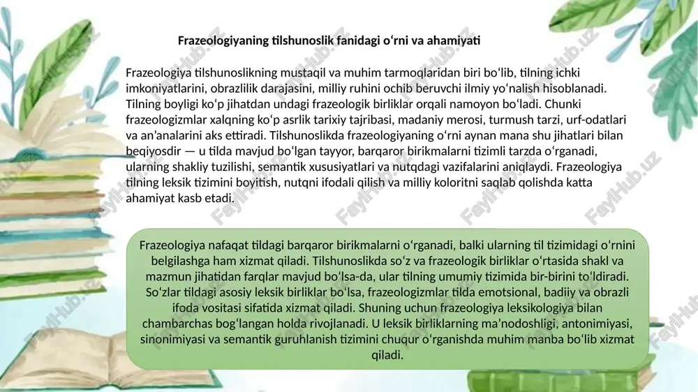 yyor shaklda ishlatilishini ta’minlaydi. barqarorlik frazeologizmlarning mustaqil ma’no birligi sifatida shakllanganini ko‘rsatadi. ikkinchi muhim belgi — ma’no yaxlitligi. frazeologik birliklar o‘z tarkibidagi alohida so‘zlarning lug‘aviy ma’nosidan kelib chiqmaydigan, butun bir yangi ko‘chma ma’noni anglatadi. masalan, “ko‘ngli yorishmoq” iborasi tarkibidagi “ko‘ngil” va “yorishmoq” so‘zlarining alohida ma’nolaridan farqli holda “quvonmoq”, “xursand bo‘lmoq” mazmunini bildiradi. bu jihat frazeologizmlarni odatiy sintaktik birikmalardan ajratib turadi. uchinchi belgi — bo‘linmaslik. frazeologik birlik tarkibida so‘zlarning o‘zaro bog‘lanishi shunchalik mustahkam bo‘ladiki, ular grammatik yoki semantik jihatdan bo‘linmaydi. ularni qismlarga ajratib, alohida so‘zlar sifatida ishlatish ma’noni yo‘qotishga olib keladi. masalan, “burnini ko‘tarmoq” iborasi “g‘ururlanmoq”, “mag‘rurlanmoq” degan ko‘chma ma’noga ega, bu birikmani “burun” va “ko‘tarmoq” degan ikki alohida so‘zga ajratish iboraning asl mazmunini yo‘qotadi. frazeologik birliklarning yana bir muhim xususiyati — ko‘chma ma’nolilikdir. ular ko‘pincha metaforik, obrazli ma’noda qo‘llanadi. bu esa nutqni jonli, ta’sirchan va esda qolarli qiladi. ko‘chma ma’no frazeologizmlarning estetik, stilistik imkoniyatlarini kengaytiradi va ularni badiiy adabiyot, publitsistika …