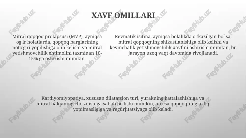 (tee) mitral qopqoqning batafsil ko‘rinishini beradi, ayniqsa murakkab vaziyatlarda yoki jarrohlik aralashuvidan oldin, mitral yetishmovchilikning sabablarini aniqlashda. mitral qopqoq etishmovchiligi nima? regurgitatsiya hajmi 1+ dan 4+ gacha boʻlgan shkala boʻyicha baholanadi, 3+ va 4+ regurgitatsiya ogʻir hisoblanadi, bemorlarda esa nafas qisilishi va charchoq kabi simptomlar kuzatilishi mumkin. mitral qopqoq yetishmovchiligi chap qorincha sistolasi paytida mitral qopqoq toʻliq yopilmasligi natijasida qonga qaytishiga sabab boʻladi, bu esa yurak hajmining ortishiga olib keladi. mitral qopqoq yetishmovchiligi chap qorincha sistolasi paytida mitral qopqoq toʻliq yopilmasligi natijasida qonga qaytishiga sabab boʻladi, bu esa yurak hajmining ortishiga olib keladi. turlari va klassifikatsiyasi mitral yetishmovchilikning morfologik turlari prolapsus, annulus kengayishi, teshilish va chordal uzilishni o'z ichiga oladi, ularning har biri qopqoqning to'liq yopilishiga xalaqit beradi. etiologik klassifikatsiya tug'ma, revmatik, infeksion endokarditdan kelib chiqqan, ishemik va degenerativ sabablarni o'z ichiga oladi, ularning har biri valfga turli yo'llar bilan ta'sir qiladi. miqdoriylik nuqtai nazaridan, mitral yetishmovchilik engil (1 daraja), …