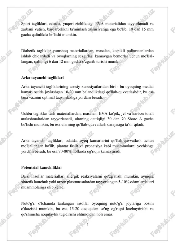 'llab-quvvatlash, tana vaznining notekis taqsimlanishini to'g'rilash va tovon, boldir yoki beldagi bosimni kamaytirishdan iboratdir. davolovchi tagliklar, tibbiy inshootlar sifatida, oyoq-poyabzal orasiga joylashtirilib, biomexanik muvozanatni tiklashga, og'riqni kamaytirishga va oyoq deformatsiyalarini tuzatishga yordam beradi. ortopedik tagliklar ortopedik tagliklar materiallari orasida eva ko'pik, charm va uglerod tolasi mavjud. qattiq tagliklar tuzatish uchun, yumshoq tagliklar esa qulaylik va amortizatsiya uchun ishlatiladi. ortopedik tagliklar yassi oyoqlik, plantar fasiit va boshqa oyoq kasalliklarida og'riqni kamaytirishga yordam beradi. ularning narxi material va turiga qarab 100,000 so'mdan 500,000 so'mgacha bo'lishi mumkin. ortopedik tagliklar, oyoqning biomekanik xususiyatlarini yaxshilash uchun mo'ljallangan. ular odatda tayyor holda yoki 3d skaner yordamida individual ravishda tayyorlanadi. tavsiyalar tavsiyalar oyoq kiyimining ichki qismini har 6-12 oyda almashtirishni o'z ichiga oladi, bu amortizatsiya va gigienani ta'minlaydi. shu bilan birga, kundalik parvarish muhim ahamiyatga ega. tavsiyalar orasida shifokor bilan maslahatlashish zarurati bor, ayniqsa 1-2 haftadan so'ng og'riq saqlanib qolsa yoki ortib ketsa, bu boshqa davolashni talab …