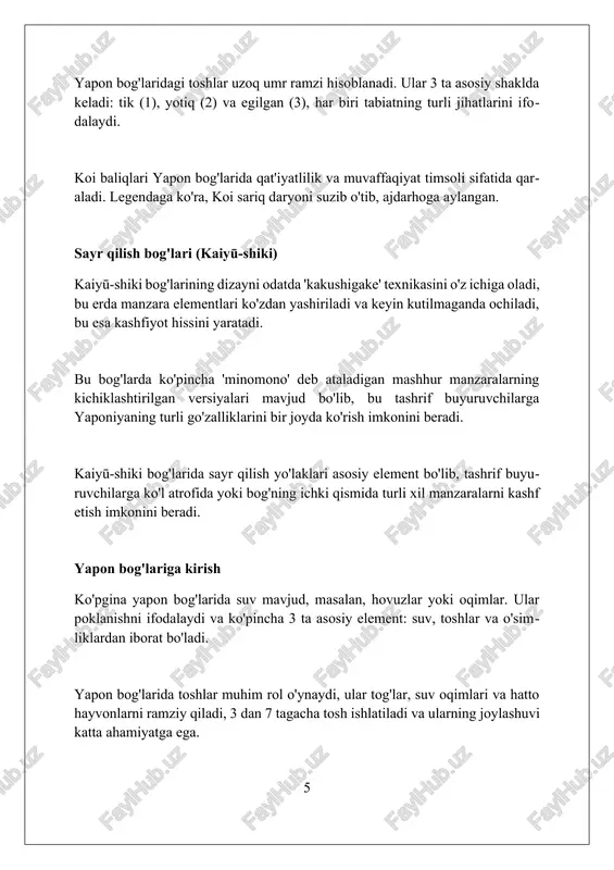 ilan mashhurdir. katsura imperator villasining bog'i, 1615-yilda qurilgan bo'lib, zen falsafasining noziklik va mukammallikka intilish tamoyillarini aks ettiruvchi ajoyib namunasidir. koraku-en, okayamada joylashgan bo'lib, 1700-yilda yaratilgan, keng o'tloqlari, yapon kranlari saqlanadigan joyi va o'ziga xos dizayni bilan diqqatga sazovordir. yapon bog'larining falsafasi zen buddizm ta'siri ostida yapon bog'lari *wabi-sabi* tushunchasini aks ettiradi, ya'ni nomukammallik va o'tkinchilik go'zalligini qadrlash, bu 7 ta estetikaga asoslangan. yapon bog'larining falsafasi *shizen* (tabiiylik) prinsipini targ'ib qiladi, unda inson aralashuvi minimal bo'lishi kerak, 5 ta asosiy element: toshlar, suv, o'simliklar, bezaklar va fon uyg'un bo'lishi kerak. yaponiya bog'larining falsafasi asosida tabiatning mukammalligiga ishonch yotadi, unda har bir element, hatto tosh ham, muvozanatni saqlash uchun 3 ta printsipga bo'ysunadi. choy bog'lari (roji) rojining asosiy elementi - bu tokunoishidan oldin qo'llarni va og'izni tozalash uchun ishlatiladigan tsukubai tosh havzasi, ko'pincha bambuk qoshiq (hishaku) bilan jihozlangan. roji yo'llari toshlardan (tobi-ishi) yasalgan bo'lib, ular mehmonlarni choy uyi tomon yo'naltiradi va …