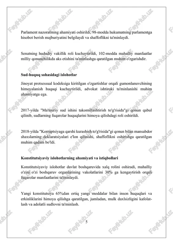 miyat" maqsadlariga erishish uchun ta’lim, sog‘liqni saqlash, pensiya ta’minoti tizimlarida tub islohotlar o‘tkazilmoqda. islohotlarning asosiy yo'nalishlari iqtisodiy islohotlar bo'yicha xususiy mulk huquqini mustahkamlash, investitsiyaviy muhitni yaxshilash va raqobatbardoshlikni oshirish, shuningdek, tadbirkorlikni rivojlantirishning asosiy yo'nalishlaridan biri hisoblanadi. sud-huquq sohasidagi islohotlar inson huquqlarini himoya qilish, sudlarning mustaqilligini ta'minlash va jinoiy adliya tizimini 2026-yilgacha takomillashtirish kabi muhim vazifalarni o'z ichiga oladi. davlat boshqaruvi tizimini isloh qilish, xususan, davlat xizmatchilarining professionalizmini oshirish va davlat boshqaruvida 2030-yilgacha mo'ljallangan strategik maqsadlarga erishish. mahalliy o'zini o'zi boshqarish organlarining roli 2024-yilga kelib, mahallalarning moliyaviy mustaqilligini oshirish maqsadida mahalliy byudjetdan 20 foizgacha mablag' ajratish rejalashtirilgan, bu esa ularning rolini kuchaytiradi. mahalla fuqarolar yig'inlari “obod qishloq” va “obod mahalla” dasturlarini amalga oshirishda bevosita ishtirok etib, 1000 dan ziyod infratuzilma loyihalarini boshqaradi. mahalliy o'zini o'zi boshqarish organlari, jumladan, mahalla fuqarolar yig'inlari, 450 dan ortiq vazifa va funksiyalarni amalga oshirib, hududiy rivojlanishda muhim o'rin tutadi. konstitutsiyaga kiritilgan asosiy o'zgartirishlar va qo'shimchalar konstitutsiyaga …