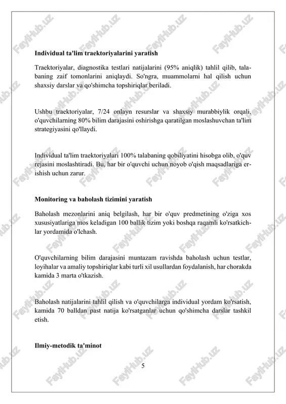 ar bilan mustahkamlash lozim. pedagoglarning malakasini oshirish uchun har 3 yilda kamida 72 soatlik treninglar tashkil etish va 15% moddiy rag'batlantirishni joriy etish zarur. o'qitish metodlarini takomillashtirish o'qitishning interaktiv metodlari, masalan, "muammoli vaziyatlar" (5w1h) talabalarning tanqidiy fikrlash va amaliy ko'nikmalarini 20% ga oshiradi. individual yondashuvni qo'llash, xususan, "ta'lim traektoriyasi" usuli, har bir talabaning o'ziga xos qobiliyatini hisobga olib, o'zlashtirishni 15% ga oshiradi. o'qitish jarayonida axborot texnologiyalaridan (it) foydalanish, jumladan, virtual laboratoriyalar, o'quvchilarning mavzuni tushunish darajasini 35% gacha yaxshilaydi. bilimlarni baholash mezonlari ushbu mezonlar o'quv dasturining maqsadlariga mos kelishi, har bir topshiriq yoki imtihonning qiyinlik darajasini inobatga olishi kerak. baholash mezonlari o'quvchilarning nazariy bilimlarini, amaliy ko'nikmalarini va muammolarni hal qilish qobiliyatlarini kompleks baholashni ta'minlashi lozim. bilimlarni baholash mezonlari o'quvchilarning o'zlashtirish darajasini aniqlash uchun aniq belgilangan standartlar bo'lib, ular ballar yoki reytinglar orqali ifodalanadi. muvaffaqiyatli tajribalar «mahorat maktablari» loyihasi yetakchi mutaxassislar tomonidan 20 dan ortiq amaliy mashg‘ulotlarni o‘z ichiga oladi, talabalarning kasbiy …