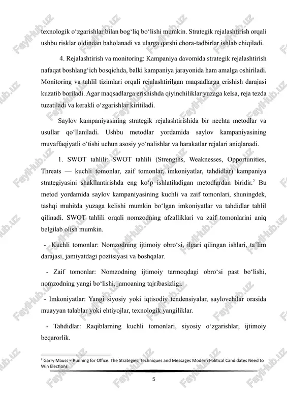 adigan iflos kampaniyalarni oldini olishga yordam beradi. risklarni boshqarish uchun ilg‘or nazorat tizimlari va moslashuvchan strategiyalarni ishlab chiqish lozim. 5. kampaniya boshqaruvining innovatsion usullari: bugungi kunda saylov kampaniyalarida zamonaviy texnologiyalar, masalan, sun’iy intellekt, big data, va raqamli marketingning roli juda katta. bu texnologiyalar yordamida saylovchilarning xulq-atvori va ehtiyojlarini tahlil qilish, maqsadli guruhlarni aniqlash va ularga aniq xabarlar yetkazish mumkin. raqamli vositalar orqali strategik rejalashtirishni yanada samarali va tezkor qilish mumkin. 1.2. auditoriyani segmentatsiya qilish va maqsadli guruhlarni aniqlash saylov kampaniyasida auditoriyani segmentatsiya qilish va maqsadli guruhlarni aniqlash, saylovchilarga eng samarali tarzda ta’sir qilish uchun muhim hisoblanadi. har bir saylovchining ehtiyojlari, qadriyatlari, istaklari va xulq-atvori turlicha bo‘lishi mumkin, shuning uchun saylovchilarni to‘g‘ri guruhlash va ularga mos xabarlarni etkazish kampaniyaning muvaffaqiyatiga bevosita ta’sir qiladi. auditoriyani segmentatsiya qilishning asosiy maqsadi – saylovchilarni bir xil xulq-atvor va ehtiyojlarga ega guruhlarga ajratishdir. bu bo‘limda auditoriyani segmentatsiya qilish metodlari, uni qanday amalga oshirish va bu jarayonning …