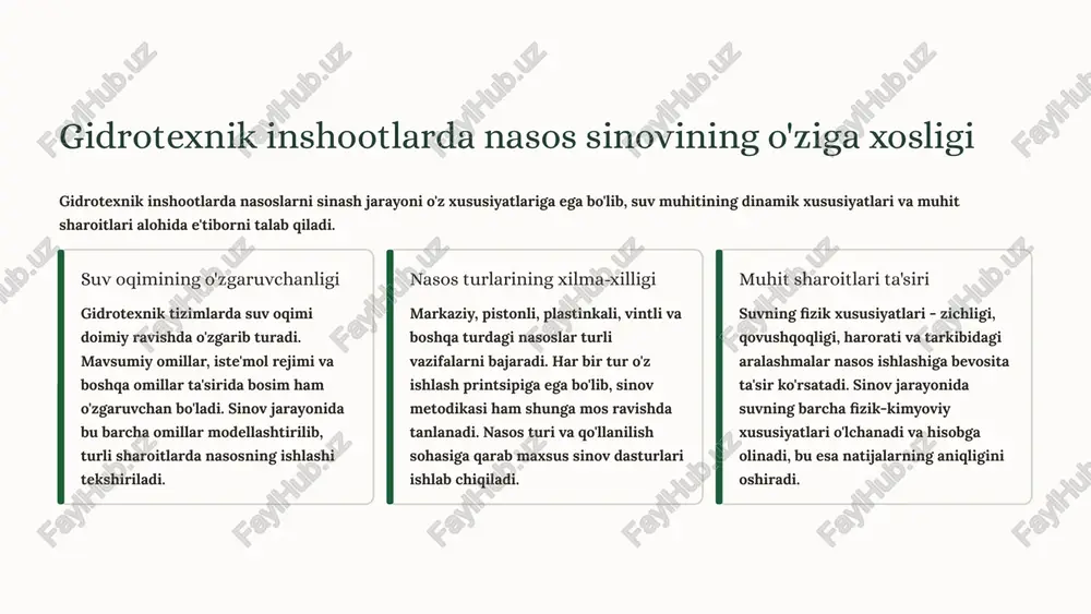 ga rioya qilish malakali mutaxassislar tomonidan sinov o'tkazish energiya samaradorligini doimiy monitoring qilish foydalanilgan adabiyotlar ushbu taqdimot gidrotexnika va suv ta'minoti sohasidagi o'zbek va xalqaro adabiyotlar, ilmiy maqolalar hamda amaliy tadqiqotlar asosida tayyorlangan. o'zbek adabiyotlari gidrotexnik inshootlardan foydalanish asoslari nasos stantsiyalarini ekspluatatsiya qilish suv ta'minoti tizimlari va texnologiyalari gidravlika va gidrotexnika asoslari xalqaro manbalar ukraina va belarus olimlarining strujnoy nasoslar bo'yicha tadqiqotlari ansys cfx dasturiy ta'minoti qo'llanmalari xalqaro nasos sinovi standartlari (iso, gost) zamonaviy gidrotexnika jurnallari diqqat! aniq adabiyotlar ro'yxati va havola ma'lumotlari alohida bibliografik hisobotda keltirilgan. image1.png image2.png image3.png image4.png image5.png image6.png image7.png image8.png image9.png image10.png image11.png image12.png image13.png image14.png image15.png image16.png image17.png image18.png image19.png