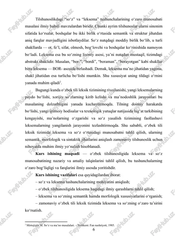 am muhim ahamiyatga ega. ilmiy yangilik shundan iboratki, ishda o‘zbek tilshunosligidagi mavjud nazariy qarashlar qayta tahlil qilinib, leksema va so‘z munosabatining zamonaviy lingvistik yondashuv asosidagi yangi talqini beriladi. leksema va so‘z munosabati masalasi o‘zbek tilshunosligida nafaqat nazariy, balki amaliy jihatdan ham dolzarb mavzulardan biridir. tilning rivojlanishi, yangi leksemalarning shakllanishi, mavjud so‘zlarning ma’nodoshlik, ko‘pma’nolilik va antonimiya jarayonlari orqali boyib borishi bu mavzuning chuqur o‘rganilishini talab etadi. shuningdek, leksema va so‘z o‘rtasidagi farqni aniq belgilash til tizimini yanada mukammal tahlil qilish, so‘zlarning semantik tarmog‘ini to‘g‘ri tuzish va o‘zbek tili lug‘atlarini mukammal yaratish uchun zarur ilmiy asos yaratadi. shu jihatdan, mazkur kurs ishi o‘zbek tilining lisoniy tizimini chuqurroq anglashga, uning leksik qatlamidagi ichki qonuniyatlarni ochib berishga xizmat qiladi. kurs ishining tuzilishi kirish, ikki bob, har bobda ikki bo‘lim, xulosa hamda foydalanilgan adabiyotlar ro‘yxatidan iborat. har bir bobda mavzuga oid nazariy qarashlar, tahliliy misollar, o‘zbek tilidan dalillar asosida yoritilgan. i bob. leksema va so‘z …