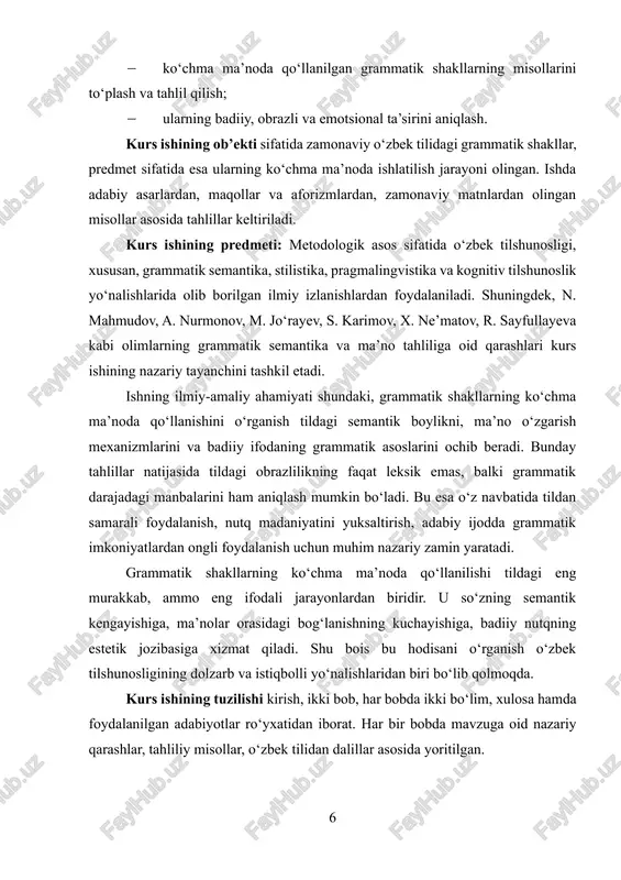 qni ta’minlaydi hamda tildagi grammatik munosabatlarning ifodasi hisoblanadi[footnoteref:2]. [2: qodirov a. hozirgi o‘zbek tili: leksikologiya asoslari. – toshkent: universitet, 2014.] grammatik shakllar o‘zbek tilida, avvalo, morfologik va sintaktik shakllarga ajratiladi. morfologik shakllar so‘zning ichki tuzilmasida qo‘shimchalar yordamida hosil qilinadi va ularning o‘zgarishidan grammatik ma’no kelib chiqadi. masalan, otlarda son (-lar), egalik (-im, -ing, -i) va kelishik (-ni, -da, -dan) shakllari mavjud. fe’llarda esa shaxs-son (-man, -san, -di), zamon (-di, -moqda, -ar), mayl (-sin, -ay, -sa) va nisbat (–ish, –dir, –il) shakllari faol qo‘llanadi. bu shakllar grammatik kategoriya ma’nolarini ifodalaydi va so‘zning tildagi o‘rnini aniqlaydi. shuning uchun morfologik shakl tildagi eng asosiy grammatik birliklardan biri sanaladi. sintaktik shakllar esa so‘zlarning gap tarkibida o‘zaro munosabatga kirishishi natijasida yuzaga keladi. ular so‘zlarning tartibi, intonatsiya, bog‘lovchilar, yuklamalar orqali ifodalanadi. masalan, “u ketdi”, “u ketdimi?”, “u ketdi-ku!”, “u ketdi-da, qaytmadi” kabi gaplarda so‘zlarning shakli bir xil, ammo sintaktik vositalar orqali grammatik ma’no o‘zgaradi. sintaktik shakllar …