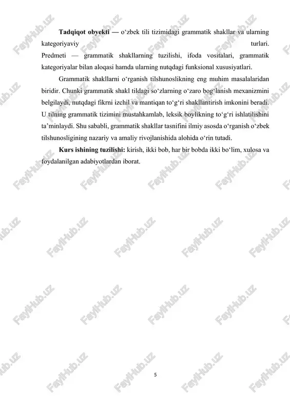 no birligidir. o‘zbek tilshunosligida grammatik shaklning ilmiy talqini bir necha bosqichda shakllandi. a. g‘ulomov grammatik shaklni “so‘zning grammatik ma’nosini ifodalovchi morfologik ko‘rinish” deb ta’riflagan. sh. rahmatullayev esa grammatik shaklni “so‘zning grammatik kategoriyalar bilan aloqasini ta’minlovchi grammatik birlik” sifatida talqin qilgan. n. mahmudovning fikricha, grammatik shakl — bu so‘zning ma’lum grammatik belgi kasb etgan shakli bo‘lib, u tildagi umumiy grammatik ma’nolar tizimiga kiradi. grammatik shakl va leksik shakl o‘rtasidagi asosiy farq — ularning ma’no tabiatida. leksik shakl so‘zning predmetlik ma’nosini, ya’ni real dunyo bilan bog‘liqligini ifodalaydi, grammatik shakl esa bu ma’noni til tizimida turli grammatik munosabatlar orqali tashkil etadi. masalan, bolalar o‘ynayapti gapida bola so‘zining leksik ma’nosi “kichik yoshdagi inson”ni bildiradi, -lar qo‘shimchasi esa grammatik shakl bo‘lib, ko‘plik ma’nosini ifodalaydi[footnoteref:2]. [2: sodiqov q. o‘zbek tili morfologiyasi bo‘yicha ma’ruzalar to‘plami. — toshkent: 2013.] grammatik shakllarning yana bir muhim xususiyati — ular mustaqil ishlay olmaydi, balki so‘zning grammatik belgisini ko‘rsatish uchun xizmat qiladi. …