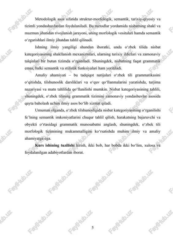 oki bir nechta shaxsning o‘zaro harakati (o‘zaro nisbat), yozdirmoq – bir shaxs boshqa birovga harakatni bajartiradi (orttirma nisbat). nisbat kategoriyasi morfologik jihatdan fe’lga qo‘shimchalar orqali ifodalanadi. ularning shakllanishi o‘zbek tili grammatik tizimining morfologik qonuniyatlariga asoslanadi. bu qo‘shimchalar asosan so‘zning ildiziga qo‘shilib, fe’lning semantik yo‘nalishini o‘zgartiradi. masalan: · -il, -in qo‘shimchalari majhul nisbatni hosil qiladi (yuvildi, qurildi, yozildi); · -dir, -tir, -ir qo‘shimchalari orttirma nisbatni bildiradi (o‘qitdi, yozdirdi, ayttirdi); · -ish, -sh qo‘shimchalari o‘zaro nisbatni ifodalaydi (gaplashdi, urishdi, yozishdi). ushbu shakllar yordamida fe’lning grammatik ma’nosi kengayadi va u turli sintaktik vazifalarni bajarish imkoniyatiga ega bo‘ladi. nisbat kategoriyasining grammatik tabiati shundaki, u fe’lning harakat yo‘nalishini o‘zgartirib, unga qo‘shimcha grammatik va semantik yuklama beradi. shu bois, nisbat morfologik kategoriya bo‘lish bilan birga, semantik kategoriya hamdir. nisbat kategoriyasi grammatik jihatdan tildagi subyekt-obyekt munosabatini belgilovchi vositadir. har bir fe’lning semantik tuzilmasida “kim harakatni bajaradi” va “harakat kimga ta’sir qiladi” degan ikki komponent mavjud. fe’lning turli …