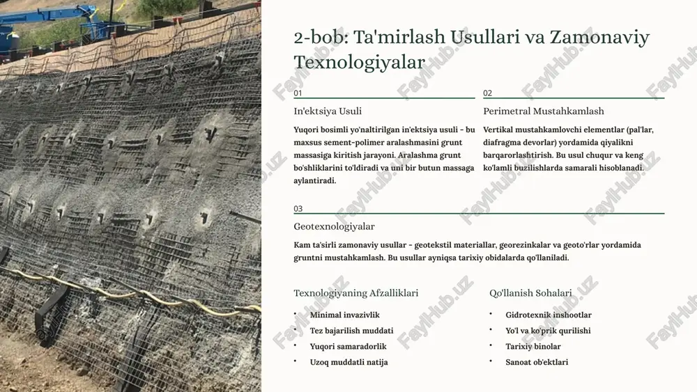 ta'lim dasturlarini kengaytirish va amaliy mashg'ulotlarni kuchaytirish zarur. hukumat tomonidan 2024-2028-yillarga mo'ljallangan "suv xo'jaligi tizimini modernizatsiya qilish" davlat dasturi qabul qilingan bo'lib, u gidrotexnik inshootlarni ta'mirlash va yangilarini qurish uchun katta mablag' ajratadi. foydalanilgan adabiyotlar o'zbek tilida adabiyotlar abdullayev, a.r. "gidrotexnik inshootlar qurilishi va ekspluatatsiyasi". toshkent: o'zbekiston, 2020. karimov, sh.n., rahimov, f.x. "grunt mexanikasi va poydevorlar asoslari". taqsi nashriyoti, 2019. mirzayev, t.u. "suv xo'jaligi inshootlarini ta'mirlash texnologiyasi". samarqand: samisi, 2021. o'zbekiston respublikasi qurilish vazirligi. "gidrotexnik inshootlarni loyihalash va qurilish me'yorlari" (kmk 2.06.07-98). toshkent, 2018. rustamov, i.b. "o'zbekiston suv resurslarini boshqarish muammolari". irrigatsiya va melioratsiya instituti nashri, 2022. ilmiy maqolalar va tadqiqotlar saidov, m.s. "charvak suv ombori qirg'oqlarini mustahkamlash tajribasi". gidrotexnika va melioratsiya jurnali, 2021, №4. tursunov, a.a., xolmurodov, b.d. "zamonaviy in'ektsiya texnologiyalari va ularning o'zbekistonda qo'llanilishi". tatu axborotnomasi, 2020, №2. yusupov, r.m. "gidrotexnik inshootlarda monitoring tizimlarini joriy etish". qurilish va arxitektura muammolari jurnali, 2022, №1. nazarov, k.k. "tarixiy binolar poydevorini …