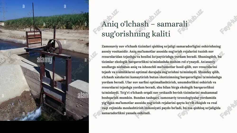 o'tkazuvchanligini keskin pasaytirib, sug'orish tizimining samaradorligiga salbiy ta'sir ko'rsatadi. loyqa-cho'kish sabablari: suv oqimining tezligining kamayishi kanal nishabligi noto'g'ri loyihalangan suv manbasidan keluvchi qattiq moddalar miqdorining ko'pligi kanal tubidagi o'simliklar o'sishi loyqa-cho'kish muammosi surxondaryo, qashqadaryo va buxoro viloyatlarida ayniqsa katta bo'lib, ba'zi kanallarda suv o'tkazuvchanlik 50% gacha kamaygan. 11 loyqa-cho'kishning sug'orish tizimiga ta'siri 1 1-bosqich: dastlabki cho'kma kanal tubida yupqa loyqa qatlami paydo bo'ladi. suv oqimi tezligi 5-10% ga kamayadi. ushbu bosqichda muammo ko'zga tashlanmaydi va sug'orish jarayoniga sezilarli ta'sir qilmaydi. 2 2-bosqich: cho'kmaning ko'payishi loyqa qatlami qalinlashadi (10-20 sm). suv oqimi 20-30% ga sekinlashadi. kanalni to'liq to'ldirish uchun ko'proq vaqt talab etiladi, bu sug'orish jadvalini buzadi. 3 3-bosqich: jiddiy tiqilib qolish loyqa qatlami 30-50 sm ga yetadi. suv o'tkazuvchanlik 50% gacha kamayadi. ba'zi maydonlarga suv yetib bormasligi yoki juda kam miqdorda kelishi kuzatiladi. 4 4-bosqich: tizimning ishdan chiqishi kanal deyarli to'liq tiqilib qoladi. suv oqimi to'xtaydi yoki minimal darajaga tushadi. …