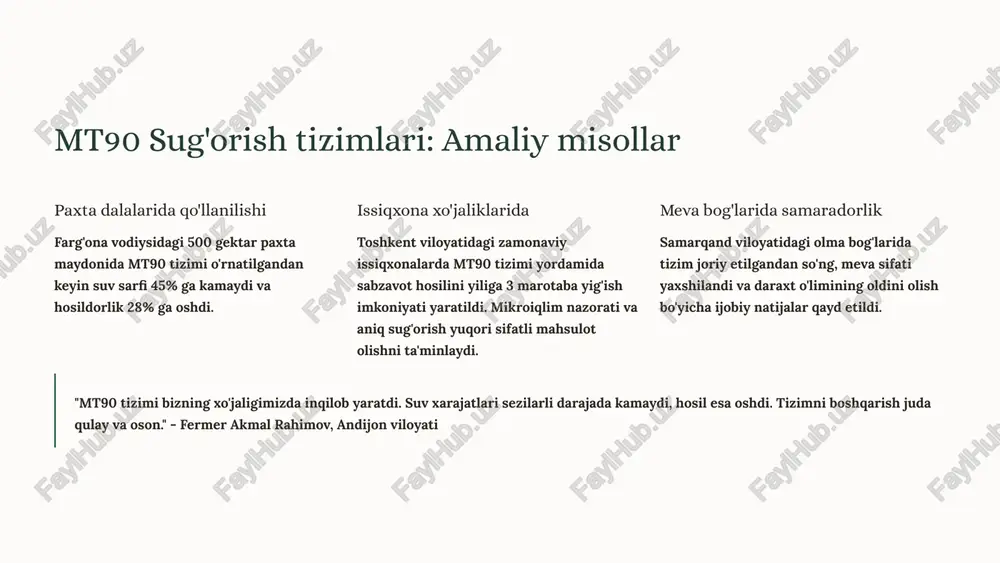 25-0.75 ds/m natriy adsorpsiya nisbati (sar): 10 dan past umumiy tuzlanish: 500 mg/l gacha zararli moddalarning ta'siri yuqori tuzlanish tuproqni degradatsiyaga olib keladi. og'ir metallar ekinlar orqali oziq-ovqat zanjiriga kirishi mumkin. boron miqdorining oshishi ba'zi ekinlar uchun toksik. suv sifatini yaxshilash mt110 tizimida mexanik filtrlash, kimyoviy tozalash va biologik usullar qo'llaniladi. tuzlarni kamaytirish uchun maxsus qurilmalar o'rnatilishi mumkin. 11 mt110 tizimida suv sifatini monitoring qilish sensorlar tarmog'i suv manbaidan to maydonlargacha turli nuqtalarda o'rnatilgan sensorlar. ph, ec, harorat va boshqa parametrlarni o'lchash. ma'lumotlar yig'ish barcha o'lchov natijalari real vaqt rejimida markaziy serverga uzatiladi. ma'lumotlar tahlili va tarixiy ma'lumotlar saqlash. ogohlantirish tizimi suv sifati standartlardan chetga chiqqanda avtomatik ogohlantirish. tezkor choralar ko'rish imkoniyati. doimiy nazoratning afzalliklari muammolarni erta aniqlash va tuzatish, ekin sifatini oshirish, tuproq degradatsiyasining oldini olish, suv sarfini optimallashtirish va xo'jalik samaradorligini oshirish imkoniyatlari yaratiladi. tezkor javob berish mexanizmi tizim avtomatik ravishda suv oqimini to'xtatish, tozalash tizimini ishga tushirish …