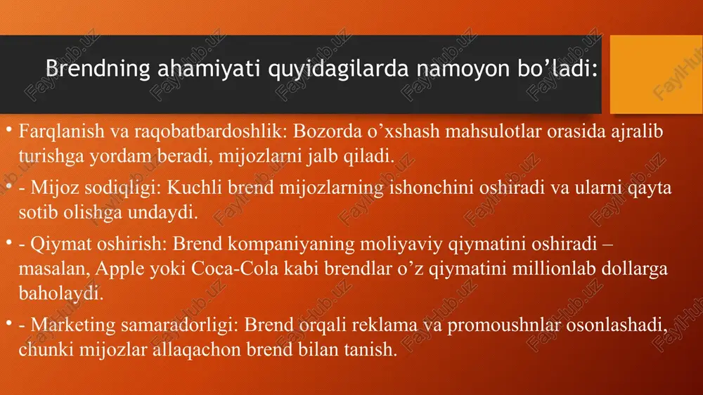 h bosqichlari: 1. tanishuv bosqichi: reklama orqali brend tanishtiriladi. masalan, yangi brend uchun tv reklama. 2. baholash bosqichi: iste’molchilar tajriba orqali baho beradi. dalil: nps (net promoter score) ko’rsatkichi imijni o’lchaydi. 3. loyallik bosqichi: doimiy xaridlar. nike brendi sportchilar orasida loyallik yaratgan. 4. rivojlanish bosqichi: imij yangilanadi. starbucks imiji ekologiya bilan bog’langan. amaliy tahlilda, brend imiji buzilishi (krizis) zarar keltiradi, masalan, volkswagen emissiya skandali. brendlarning tasniflanishi tur tavsif misol shaxsiy brend (personal brand) shaxslarning obro’si va identifikatsiyasi. elon mask (tesla va spacex orqali). mahsulot brendi (product brand) alohida mahsulotga qaratilgan. coca-cola ichimligi. xizmat brendi (service brand) xizmatlarga asoslangan. starbucks qahvaxonasi. korporativ brend (corporate brand) butun kompaniyani ifodalaydi. apple inc. chakana savdo brendi (retail brand) do’konlar tarmog’i. walmart. geografik brend (geographic brand) hudud yoki madaniyat bilan bog’langan. swiss made (shveytsariya soatlari). madaniy brend (cultural brand) madaniy qadriyatlar. disney. brend arxitekturasi bo’yicha tasnif brend arxitekturasi – brendlar orasidagi munosabatlar. - branded house: …