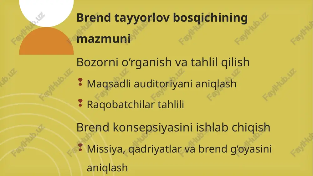ndni shakllantirishda muhim rol o’ynaydi. brendni tayyorlov bosqichi kompaniya muvaffaqiyatining poydevorini tashkil etadi. bu jarayonda bozor, raqobatchilar va maqsadli auditoriya chuqur o‘rganiladi. brend konsepsiyasi, nomi, shiori va vizual ko‘rinishi ishlab chiqiladi. har bir element kompaniya qadriyatlari va strategik maqsadlariga mos bo‘lishi kerak. brend tayyorlov bosqichida aniqlik, izchillik va ijodiy yondashuv muhim o‘rin tutadi. natijada brend o‘z auditoriyasi uchun tanish, ishonchli va jozibador qiyofa kasb etadi. shu bois, puxta tayyorlov bosqichi bo‘lmagan brend bozorda uzoq umr ko‘rmaydi. foydalanilgan adabiyotlar tairova m.m. va boshq. brendni boshqarish: o’quv qo’llanma. buxoro, 2021. https://uniwork.buxdu.uz/resurs/12740_2_0f8ff008b1e6a6a05a28bd945a842423ef220948.pdf ro’zimatov sh.h. “brend yaratish va brending turlari”. cyberleninka, 2022. https://cyberleninka.ru/article/n/brend-yaratish-va-brending-turlar ro’zimatov sh.h. “brend yaratish va brending turlari”. researchgate, 2025. https://www.researchgate.net/publication/363846891_brend_yaratish_va_brending_turlari “brend nima va qanday qilib uni kuchli qilish mumkin?”. avo.uz blogi, 2024-10-03. https://avo.uz/uz/blog/post/strong-brand image4.png image2.svg image7.png image5.png image43.svg image8.jpg image6.png image62.svg image9.png image10.jpg image11.jpeg image12.jpg .msftofcthm_accent2_fill_v2 { fill:#ff2828; }