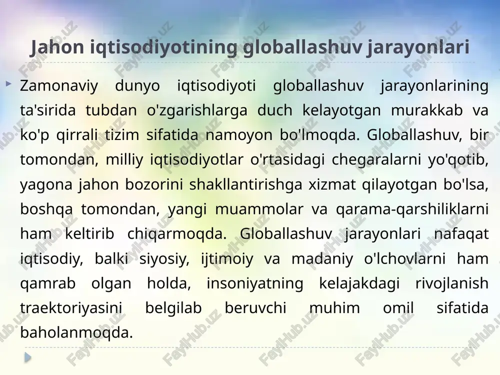 va xalqaro iqtisodiy munosabatlar”. – toshkent: iqtisodiyot, 2019. g‘ulomov s.s., qosimov b.a. “xalqaro iqtisodiy munosabatlar”. – toshkent: tdyu nashriyoti, 2020. tursunov b.a. “iqtisodiy integratsiya nazariyasi”. – toshkent: iqtisodiyot, 2017. fayziyev sh.r. “globallashuv: mohiyati va ijtimoiy oqibatlari”. – toshkent: fan, 2015. image3.png image4.png image5.png image6.png image2.jpeg /docprops/thumbnail.jpeg