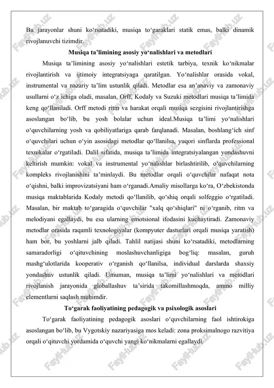 atiladi. dalil sifatida, musiqa taʼlimida integratsiyalangan yondashuvni keltirish mumkin: vokal va instrumental yoʻnalishlar birlashtirilib, oʻquvchilarning kompleks rivojlanishini taʼminlaydi. bu metodlar orqali oʻquvchilar nafaqat nota oʻqishni, balki improvizatsiyani ham oʻrganadi.amaliy misollarga koʻra, oʻzbekistonda musiqa maktablarida kodaly metodi qoʻllanilib, qoʻshiq orqali solfeggio oʻrgatiladi. masalan, bir maktab toʻgaragida oʻquvchilar "xalq qoʻshiqlari" ni oʻrganib, ritm va melodiyani egallaydi, bu esa ularning emotsional ifodasini kuchaytiradi. zamonaviy metodlar orasida raqamli texnologiyalar (kompyuter dasturlari orqali musiqa yaratish) ham bor, bu yoshlarni jalb qiladi. tahlil natijasi shuni koʻrsatadiki, metodlarning samaradorligi oʻqituvchining moslashuvchanligiga bogʻliq: masalan, guruh mashgʻulotlarida kooperativ oʻrganish qoʻllanilsa, individual darslarda shaxsiy yondashuv ustunlik qiladi. umuman, musiqa taʼlimi yoʻnalishlari va metodlari rivojlanish jarayonida globallashuv taʼsirida takomillashmoqda, ammo milliy elementlarni saqlash muhimdir. to‘garak faoliyatining pedagogik va psixologik asoslari toʻgarak faoliyatining pedagogik asoslari oʻquvchilarning faol ishtirokiga asoslangan boʻlib, bu vygotskiy nazariyasiga mos keladi: zona proksimalnogo razvitiya orqali oʻqituvchi yordamida oʻquvchi yangi koʻnikmalarni egallaydi. psixologik asoslar esa musiqa orqali emotsional tarbiyani …