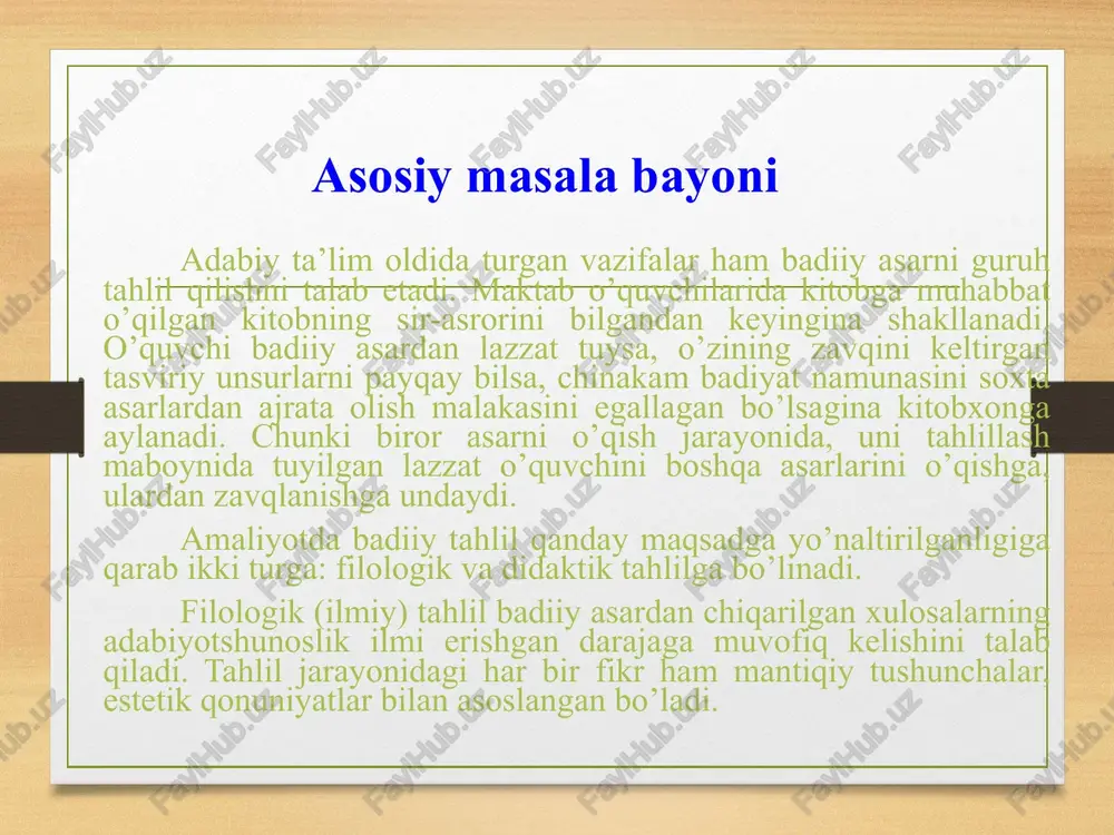 rali mingboshi o`lmaganida zebining taqdiri qanday kechardi? - asarning “kunduz” qismini qanday tasavvur qilasiz? o`quvchilardan kutilmagan qiziqarli javoblar chiqishi mumkin. muhimi, ular fikrlaydilar. yakuniy qism: o`qituvchi darsdan olgan xulosalarini aytadi. o`quvchilarning xarakatlarini baholaydi. 3-minut. uyga vazifa: har bir qahramonning tashqi qiyofasi tasvirlangan o`rinlarni yozib kelish. www.arxiv.uz mavzu yuzasidan savol va topshiriqlar: 1. badiiy asarni tahlil qilishning nazariy-metodik asoslari deganda nimani tushunasiz? 2. badiiy asarni tahlil qilish necha turda amalga oshiriladi? 3. tahlilning o’quvchi ma’naviyatini shakllantirishdagi ahamiyati. 4. didaktik tahlilda o’qituvchi va o’quvchi faoliyati. 5. zulfiyaning «oydinda»deb ataluvchi she’rini tahlil qiling? 6. «»o’g’ri hikoyasini tekstual tahlilini qanday o’tkazish mumkin? 7. inson qadri toptalgan huquqi oyoq osti qilingan holatni tasviri qanday berilgan? 8. ta’limiy tahlilni o’tkazishning o’ziga xos talablari nimadan iborat? www.arxiv.uz adabiyotlar ro’yxati: 1. q.yo’ldoshev, «adabiyot o’qitishning ilmiy-nazariy asoslari» toshkent-«o’qituvchi» 1996-yil. 2. «adabiyot o’qitish metodikasi» tashkent. o’qituvchi-1991-yil. 3. qunduzxon husanboeva «maktab ta’limida uy vazifalari» tashkent 2001-yil. 4. q.yo’ldoshev «2-sinf o’zbek adabiyoti …