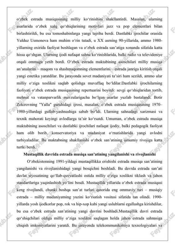 televideniye orqali ommaga yetib bordi. oʻzbek estrada maktabining asoschilari milliy musiqa anʼanalarini – maqom va shashmaqomning elementlarini – estrada janriga kiritish orqali yangi estetika yaratdilar. bu jarayonda sovet madaniyati taʼsiri ham sezildi, ammo ular milliy oʻziga xoslikni saqlab qolishga muvaffaq boʻldilar.dastlabki ijrochilarning faoliyati oʻzbek estrada musiqasining repertuarini boyitdi: sevgi qoʻshiqlaridan tortib, mehnat va vatanparvarlik mavzularigacha boʻlgan asarlar yuzlab bastalandi. botir zokirovning "yalla" guruhidagi ijrosi, masalan, oʻzbek estrada musiqasining 1970–1980-yillardagi gullab-yashnashiga sabab boʻldi. ularning sahnadagi xarizmasi va texnik mahorati keyingi avlodlarga taʼsir koʻrsatdi. umuman, oʻzbek estrada musiqa maktabining asoschilari va dastlabki ijrochilari nafaqat ijodiy, balki pedagogik faoliyat ham olib borib, konservatoriya va madaniyat oʻrnatishlarida yangi avlodni tarbiyaladilar. bu maktabning shakllanishi oʻzbek sanʼatining umumiy rivojiga katta turtki berdi. mustaqillik davrida estrada musiqa sanʼatining yangilanishi va rivojlanishi oʻzbekistonning 1991-yildagi mustaqillikka erishishi estrada musiqa sanʼatining yangilanishi va rivojlanishidagi yangi bosqichni boshladi. bu davrda estrada sanʼati davlat siyosatining qoʻllab-quvvatlashi ostida milliy oʻziga xoslikni tiklash va …