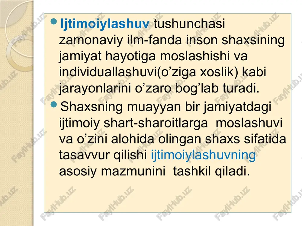 a, oila ijtimoiy-psixologik yaxlitlik sifatida shaxsga shunday normativ va axborot ta’sirlarini ko’rsatadiki, oqibatda bola eng avvalo, jamiyatdagi qonuniy normalar, xulq andozalarini egallaydi. sotsiologiya semi: uchebnik / pod red. prof. a.i. antonova.- m.: infra-m, 2005 – s. 220 bolaning ijtimoiylashuv jarayoniga ta’sir ko’rsatuvchi quyidagi salbiy omillarni ko’rsatish mumkin: ota-onalar o’rtasida murosaning yo’qligi, oilaviy o’zaro munosabatlarni mustahkamlash borasida aniq belgilangan ahloqiy tamoyillarning mavjud emasligi; ota-onalarning ruhiy nosog’lomligi va qonunbuzarligi; yashash sharoitlarining yaxshi emasligi, bolaning to’laqonli o’sishi, dars tayyorlashi, jismonan chiniqishi uchun sharoitlarning yetarli emasligi; maktab sharoitining talab darajasida emasligi; mahalla xududida oila obro’sining yaxshi emasligi, notinch, noqobil oila maqomiga egalik; global axboratlashuv sharoitida turli axborot manbalari, jumladan, internet tarmog’i orqali bola ongiga yetib kelayotgan turli ma’lumot, ig’vo, uydirma, mish-mish, oila qadriyatlariga zid axloq namunalari. xalqimizda «qush uyasida ko’rganini qiladi» degan maqol bor, ya’ni, shaxsiy sifatlarining dastlabki qoliplari oilada olinadi va jamiyatdagi boshqa guruhlar ta’siri ostida sayqal topib, takomillashib boradi. bizning o’zbek millatiga …