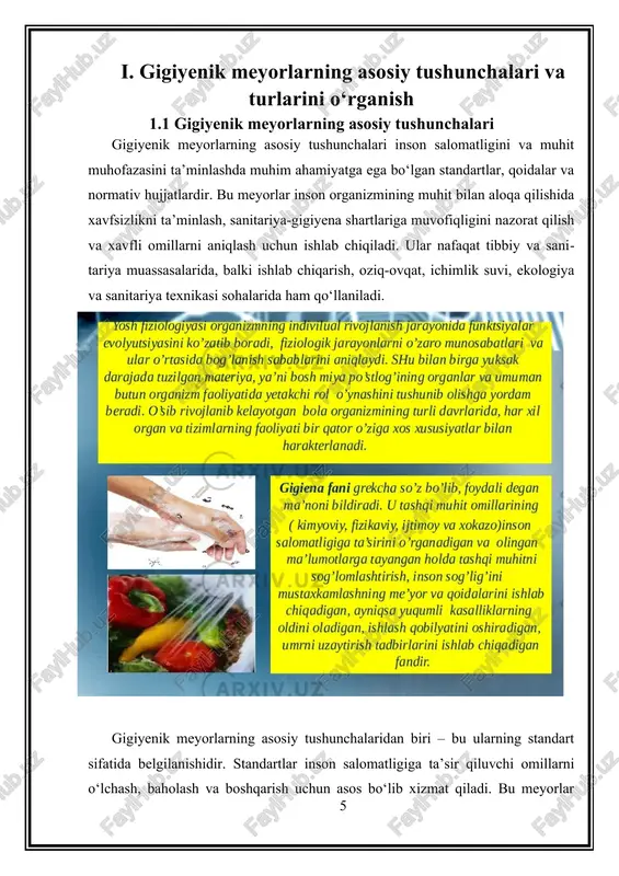 va oziq-ovqat ishlab chiqarishda qo’llaniladi. bu qoidalar, odatda, muayyan sharoitlarda gigiyenik xavfsizlikni ta’minlash uchun tavsiya etilgan amaliy choralarni o’z ichiga oladi. ular odatda, ishlab chiqarish jarayonlarida xavf omillarini kamaytirish va inson salomatligini muhofaza qilish uchun ishlab chiqiladi. uchinchidan, texnik standartlar — bu muhit va inson uchun xavfsizlikni ta’minlovchi texnikaviy talablardir. bu standartlar, asosan, ishlab chiqarish texnologiyalari, qurilmalar, sanitariya texnikasi va muhitni muhofaza qilish uchun mo‘ljallangan. masalan, sanitariya texnikasi uchun ishlab chiqilgan standartlar, sanitariya inshootlarining qurilishi, texnikasi va foydalanish qoidalarini belgilaydi. gigiyenik meyorlar va ularning turlarini ishlab chiqishda asosiy yondashuvlar – bu inson organizmining muhit bilan aloqa qiladigan barcha jihatlarini hisobga olishdir. bu jihatlar orasida havoning, suvning, oziq-ovqatning, ishlab chiqarish jarayonlarining va sanitariya texnikasining xavfsizligi muhim ahamiyatga ega. har bir me’yor, odatda, xavfli omillarni aniqlash, ularni boshqarish va inson salomatligini muhofaza qilish uchun belgilangan. bu me’yorlar, shuningdek, ekologik muhitni muhofaza qilish va sanitariya-epidemiologik xavfsizlikni ta’minlashda asosiy rol o’ynaydi. shuningdek, gigiyenik meyorlar …