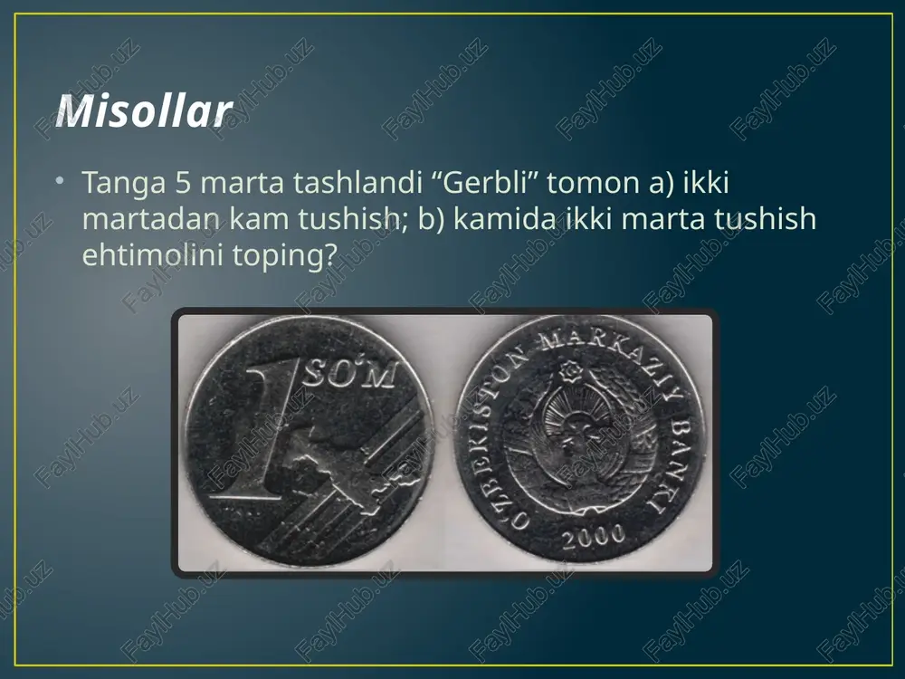 berish ehtimolini toping? yechilishi: shartga ko’ra n=100; p=0,8; q=0,2; a) larni hisoblaymiz b) larni hisoblaymiz s) “a kamida 75 marta ro’y berdi” va “a ko’pi bilan 74 marta ro’y berdi” hodisalari qarama-qarshidir, shuning uchun bu hodisalarning ehtimollari yig’indisi 1 ga teng. demak izlanayotgan ehtimol: mustaqil isjlash uchun masalalar agar bitta sinovda a hodisaning ro‘y berish ehtimoli 0,4 ga teng bo‘lsa, u holda to‘rtta erkli sinovda a hodisaning kamida uch marta ro‘y berish ehtimolini toping. tanga 5 marta tashlanadi. “gerb”li tomon a) ikki martadan kam tushish.b) kamida ikki marta tushish ehtimolini toping tanga 10 marta tashlanadi. tangani 2 marta “gerb” tomoni bilan tushishi ehtimolini toping. oilada 5 farzand bor. bular orasida: a) ikki o‘gil bola; b) ko‘pi bilan ikki o‘gil bola; c) ikkitadan ortiq o‘gil bola bo‘lish ehtimolini toping. o‘g‘il bola tug‘ilish ehtimoli 0,51 ga teng deb olinsin. merganning nishonga urishi ehtimoli 0,6 ga teng. merganning 6 ta o‘qdan 4 tasini …