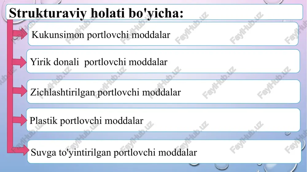 vli sharoitlarda 24 soatgacha o’z xususiyatini yo’qotmaydi, 30-70b 3 sutkagacha o’z xossasini yo’qotmaydi. 2-guruh portlovchi moddalarining o’ziga xos jihati ularning tarkibida 6-15% gacha suv bo’lishidir, bunda portlovchi modda tarkibiga suv ammiakli selitraning konsentratsiyalangan eritmasi ko’rinishida qo’llaniladi. ushbu portlovchi moddalarga akvatol, ifzanit va karbatol portlovchi moddalari kiradi. akvatol portlovchi moddalari gel ko’rinishida bo’lib polietilen qobiqli patronlarda massasi 17 0,25 kg dan qilib qadoqlanadi. ifzanit portlovchi moddalari ammiakselitra granulalarining qaynoq eritmasi bilan trotilni aralashtirish orqali hosil qilinadi. karbatol portlovchi moddasi va ifzanit portlovchi moddalari ammiakselitra, trotil va ammiakselitra eritmasidan tarkib topgan bo’lib, o’ta mustahkam tog’ jinslarida portlash ishlari olib borishga mo’ljallangan. emulsiyali portlovchi moddalar bugungi kunda eng istiqbolli portlovchi moddalardan biri hisoblanadi. ushbu portlovchi moddaning tarkibi ammiakli selitra, dizel yoqilg’isi hamda emulsiya aralashmasidan tarkib topgan. 3-guruh zaryadlariga 3kp va 3km turkumiga kiruvchi kumulyativ zaryadlar kiradi. ushbu zaryadlar massasi 180 gr dan 4000 gr gacha bo’lib uzunligi 90 dan 250 mm gacha va …