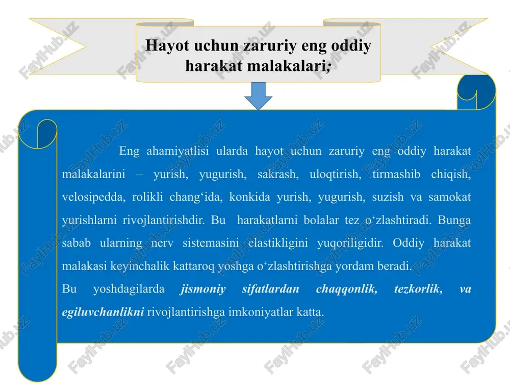 salarida jismoniy tarbiya. bolalar bog‘chasi va yaslidagi jismoniy tarbiya jarayoniga mudir raxbarlik qiladi. jismoniy tarbiya ishini tarbiyasi olib boradi. tarbiyachi mashg‘ulotlarni musiqachi, shifokor bilan rejalashtiradi. shifokor tarbiyachiga jismoniy mashqlarni tanlashga, uni meoyorini aniqlashga yordam beradi. yasli va bog‘chalarda jismoniy tarbiya jarayonini amalga oshirish uchun o‘quv tipidagi mashg‘ulotlar ertalabki gimnastika, jismoniy tarbiya daqiqalari, chiniqtiruvchi muolajalar,harakatli o‘yinlar ekskursiyalar, sayohatlar, bayramlar, yakkama-yakka va mustaqil mashg‘ulotlar tarzida uyushtiriladi. bulardan tashqari musiqa darslaridaham jismoniy tarbiyani vazifalarinihal qiladigan jismoniy mashqlar, o‘ynlar va raqslardan vosita tarzida foydalaniladi. 1. ertalabki gimnastika; 4. jismoniy mashqlar bilan individual shug‘ullanish mashg‘ulotlari; 2. chiniqtiruvchi muolajalar; 3. o‘yinlar; 5. jismoniy tarbiya daqiqalari. jismoniy tarbiyasining shakllari; jismoniy tarbiya va sport sohasida faoliyat olib borayotgan, o’z faoliyatiga befarq bo’lmagan jismoniy tarbiya o’qituvchilari va murabbiylar jismoniy tarbiya vositalari shuningdek harakat va uning harakteristikalarining xususiyatlari va u bilan bog’liq nazariy bilimlarni bilishilari lozim. shundagina jismoniy tarbiya va sportning ma’zmun-mohiyatini chuqur anglab yetadi. mashg’ulot oldiga qo’yilgan vazifalar to’laqonli …
