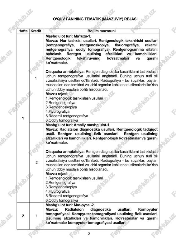 ʼulot turi: ma'ruza -2. mavzu: radiatsion diagnostika usullari. kompyuter tomografiyasi. kompyuter tomografiyasi usulining fizik asoslari. usulning afzalliklari va kamchiliklari. ko'rsatmalar va qarshi ko'rsatmalar kompyuter tomografiyasi usullari. qisqacha annotatsiya: kontrastli rentgenografiya - bu maxsus radiokontrast moddalar kiritilgandan so‘ng organlarni o‘rganish uchun mo‘ljallangan usul. ushbu usul oddiy usullar zarur diagnostika natijalarini bera olmaydigan hollarda qo‘llaniladi. kontrastli rentgenografiya ichi bo‘sh organlarni ko‘rish uchun, ularning lokalizatsiyasi va hajmini, devorlarining strukturaviy xususiyatlarini va funktsional xususiyatlarini baholash zarur bo‘lganda qo‘llaniladi. mavzu rejasi: 1. rentgen kontrast moddalar turi. 2. kontrast moddaga reaktsiyalar va asoratlar. 3.kompyuter tomografiyasi tekshiruv usullarining afzallik va kamchiliklari. 4. kt-tasvir shakllanish printsiplari. 5. ktda kontrastlanish uslubi. 6. kompyuter tomogramma taxlili. 7. xaunsfild shkalasi. ktda radiatsion ximoya, nurlanish dozalari 2 mashgʼulot turi: amaliy mashg‘ulot-2. mavzu: radiatsion diagnostika usullari. kompyuter tomografiyasi. kompyuter tomografiyasining fizik asoslari. usulning afzalliklari va kamchiliklari. kompyuter tomografiyasi usuliga ko'rsatmalar va qarshi ko'rsatmalar. qisqacha annotatsiya: kontrastli rentgenografiya - bu maxsus radiokontrast moddalar kiritilgandan …