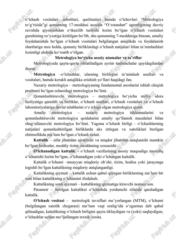 va xizmatlar uchun xaq to‘lash. o‘lchov vositalarini sinash, tekshiruvdan o‘tkazish, o‘lchovlarning bajarilish uslubiyotlarini attestatsiya qilish, normativ va texnik hujjatlarni metrologik ekspertiza qilish, texnik jihatdan asosliligi hamda belgilangan metrologiya normalari va qoidalariga muvofiqligini baholash, o‘lchovlarning bajarilish sifatini baholash bo‘yicha yuridik hamda jismoniy shaxslarga ko‘rsatilayotgan metrologiya ishlari va xizmatlari uchun, shuningdek metrologiya faoliyatining davlat tomonidan moliyalashtirish sohasiga kirmaydigan turlari uchun manfaatdor shaxslar tomonidan haq, tuziladigan shartnomalarning shartlariga muvofiq to‘lanadi (o‘zr 25.04.2003 y. 482-ii-son qonuni tahriridagi modda). qonunda ko‘rsatilganidek, o‘lchash vositalarining davlat sinovlarini o‘tkazish, ularning turlarini tasdiqlash va davlat ro‘yxatiga kiritish “o‘zstandart” agentligi tomonidan amalga oshiriladi. qonunda yana bir masala - davlat ro‘yxati belgisini qo‘yish to‘g‘risida ham bayon etilgan. “metrologiya to‘g‘risida” gi qonunda aytilishicha, tasdiqlangan o‘lchash vositalariga yoki ularning foydalanish hujjatlariga ishlab chiqaruvchi davlat ro‘yxati belgisi qo‘yilishi shart. ma’lumki, ishlab chiqarishdagi o‘lchash vositalarining holati va ularni vaqti-vaqti bilan qiyoslashdan o‘tkazib turish har doim e’tiborda bo‘lmoqligi lozim. ular bo‘yicha ro‘yxatlar tuziladi va o‘lchash vositalari …
