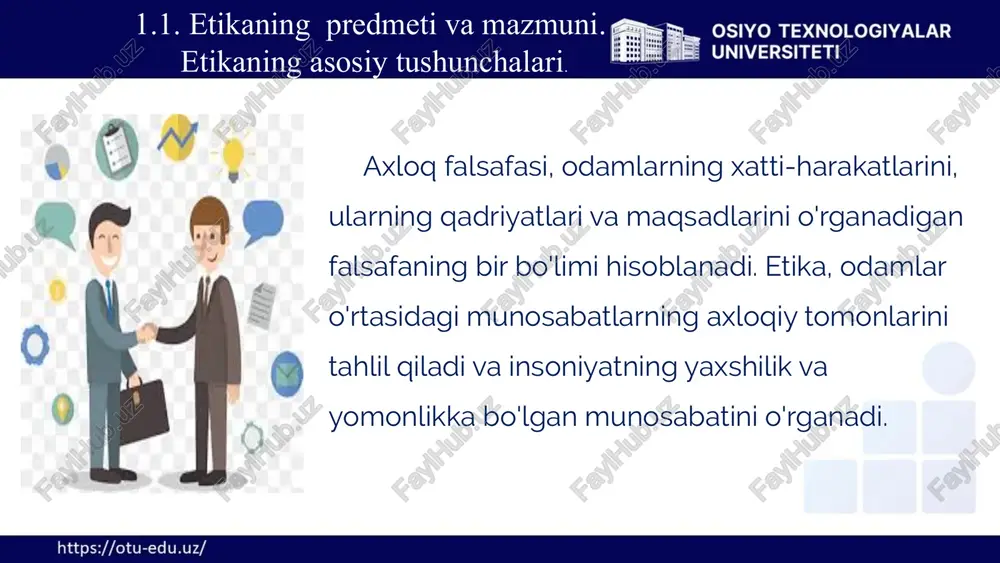 uammolariga diniy va ilmiy yondashuvlar etikaning zamonaviy muammolari globalizatsiya, texnologiya rivojlanishi, ekologiya muammolari, jamiyatda tengsizlik va adolatsizlik kabi dolzarb masalalarni o'z ichiga oladi. ushbu muammolarga diniy va ilmiy nuqtai nazardan turli xil yondashuvlar mavjud. globalizatsiya globalizatsiya axloqiy qadriyatlarning turli madaniyatlarga tarqalishini va bir-biriga ta'sirini kuchaytiradi. texnologiya rivojlanishi texnologiya rivojlanishi yangi axloqiy muammolarni, masalan, sun'iy intellektning rivojlanishi, genetik muhandislik va boshqalarni keltirib chiqaradi. ekologiya muammolari ekologiya muammolari insonlarning tabiatga bo'lgan munosabatini, tabiiy boyliklarni qanday ishlatishini va kelajak avlodlar uchun qanday mas'uliyatni o'z zimmasiga olishini ko'taradi. jamiyatda tengsizlik va adolatsizlik jamiyatda tengsizlik va adolatsizlik kabi muammolar axloqiy qadriyatlarning buzilishini, ijtimoiy adolatsizlikni va inson huquqlarining buzilishini ko'rsatadi. 13 1.2. nikoh – eng qadimgi axloqiy munosabat shakli nikoh insoniyat tarixida eng qadimgi va eng muhim axloqiy munosabat shakli hisoblanadi. u erkak va ayol o'rtasidagi qonuniy va axloqiy ittifoqni belgilaydi. nikoh jamiyatda oila tuzish, farzand tarbiyalash va davomiylikni ta'minlashning asosiy omilidir. qonuniy asoslar nikoh qonun …